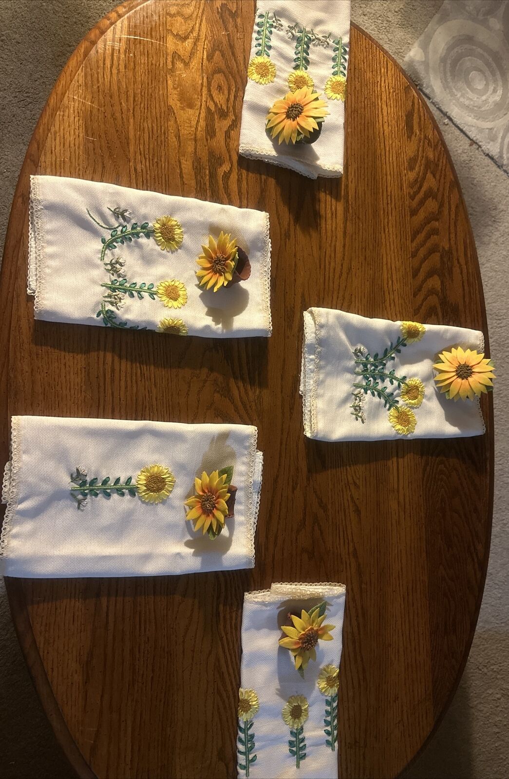 Set of 5 Embroidered Sunflower Cloth Napkins With 5 Sunflower Hand Made Holders
