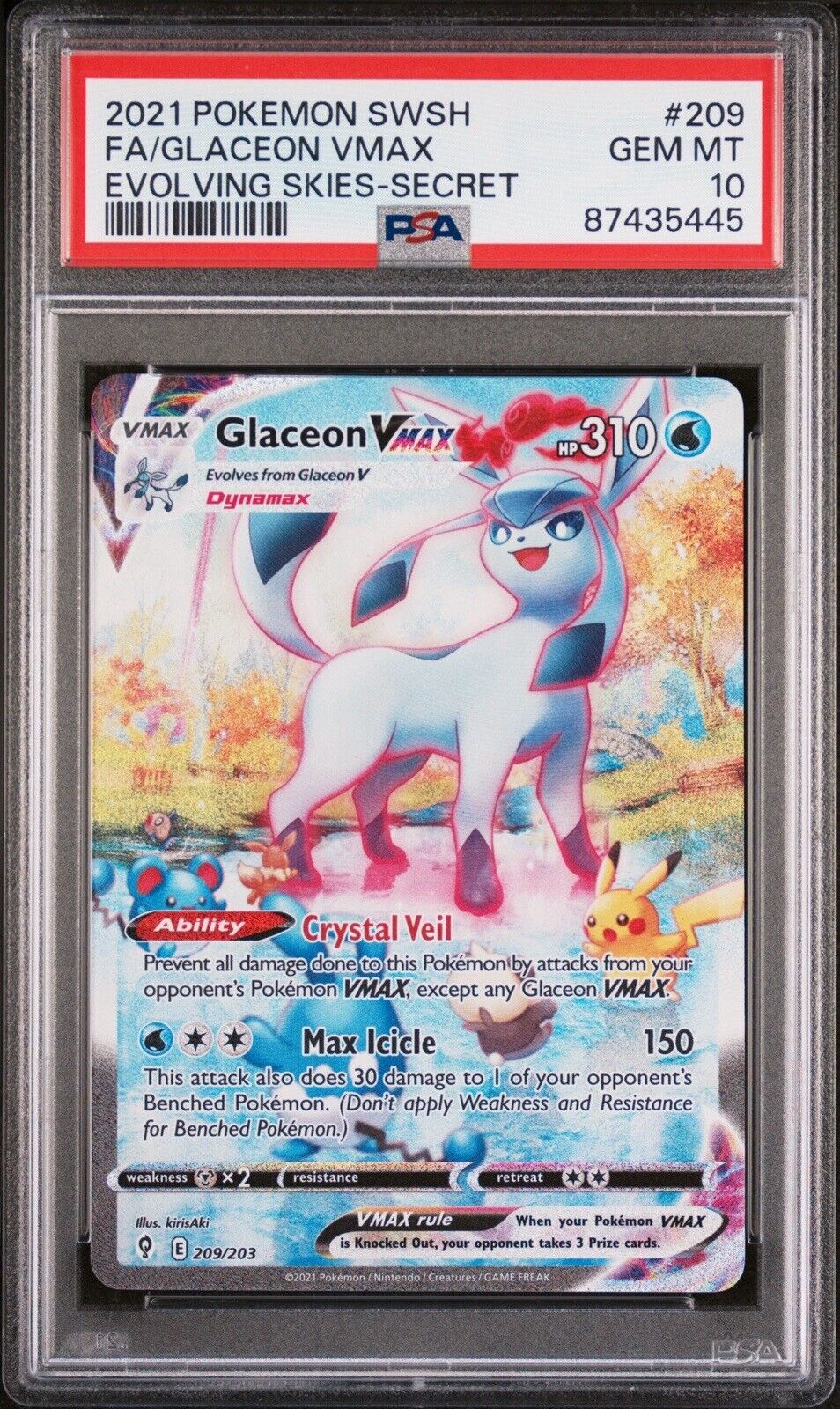 Pokemon Card - Glaceon VMAX Alt Art 209/203 Evolving Skies - PSA 10