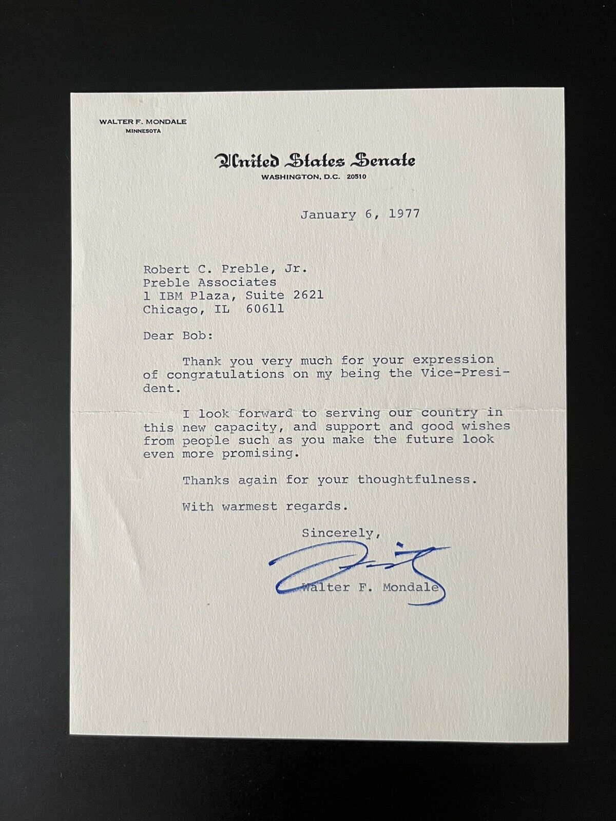 Vintage 1977 Vice President Walter Mondale Signed Personal Thank You Letter