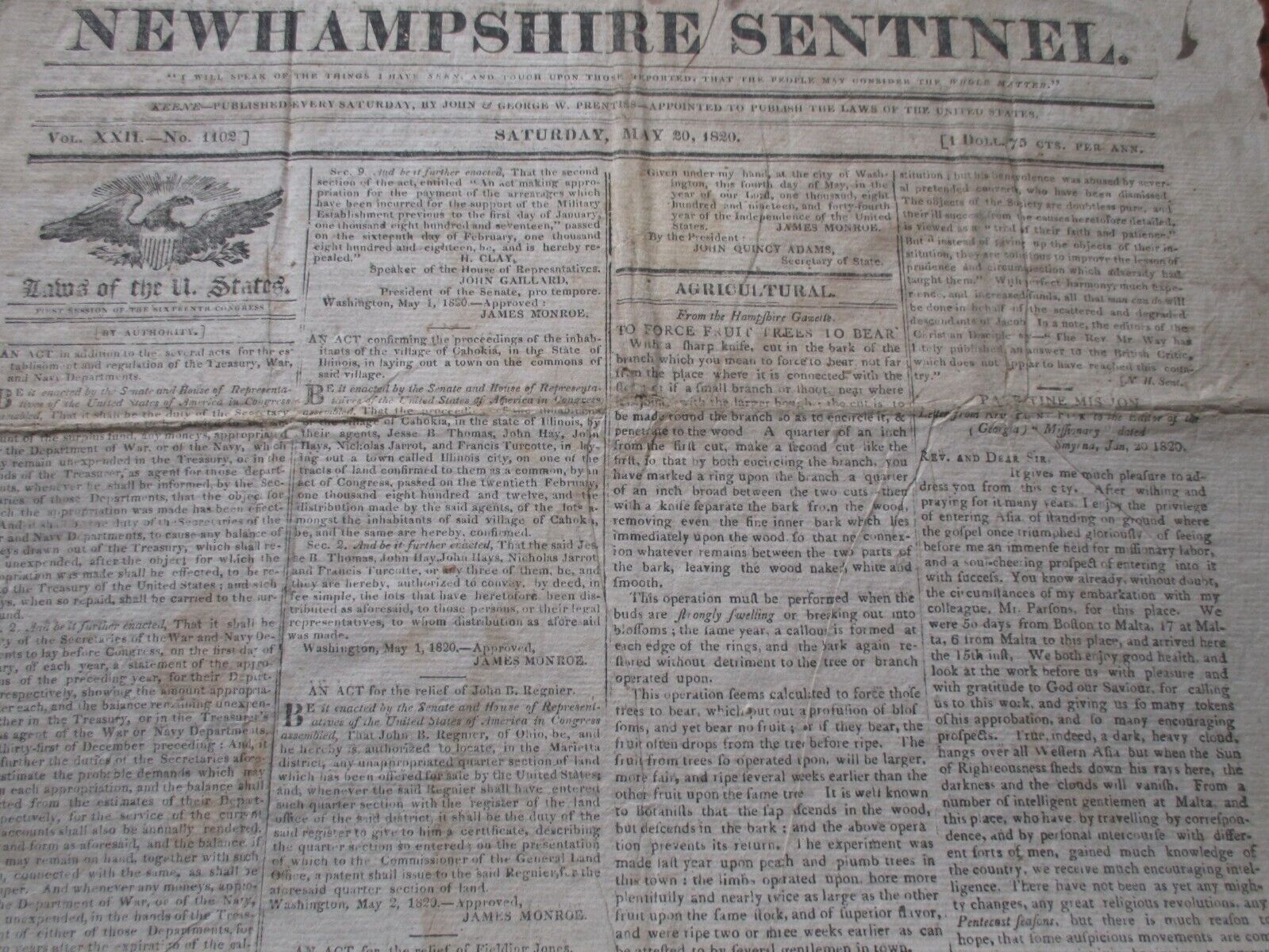 1820 NEWSPAPER NEW HAMPSHIRE SENTINEL MAY 20 1820 LAWS OF US \