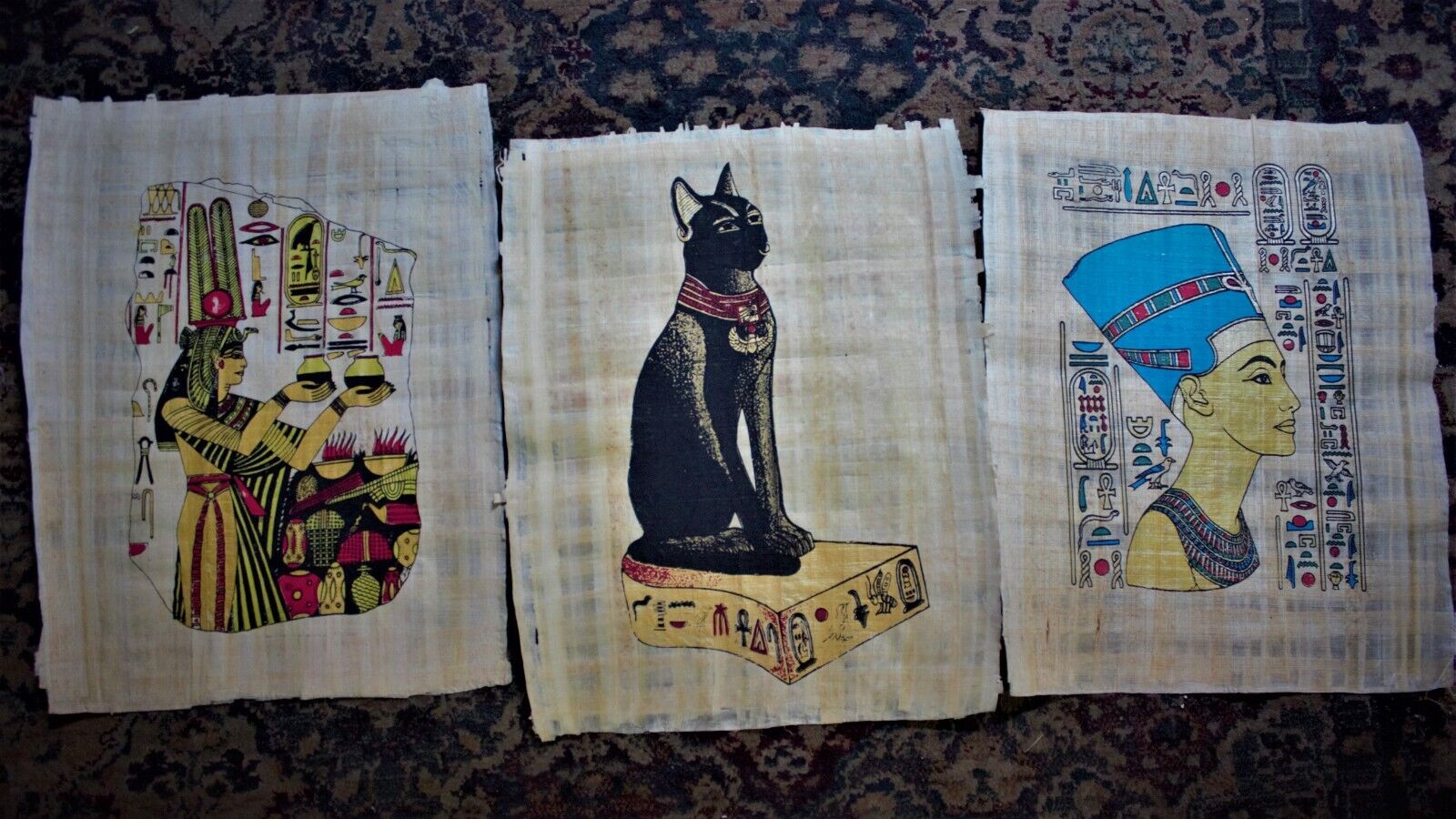 A group of 3 Pharaonic papyrus paintings symbolizing Egypt before bc