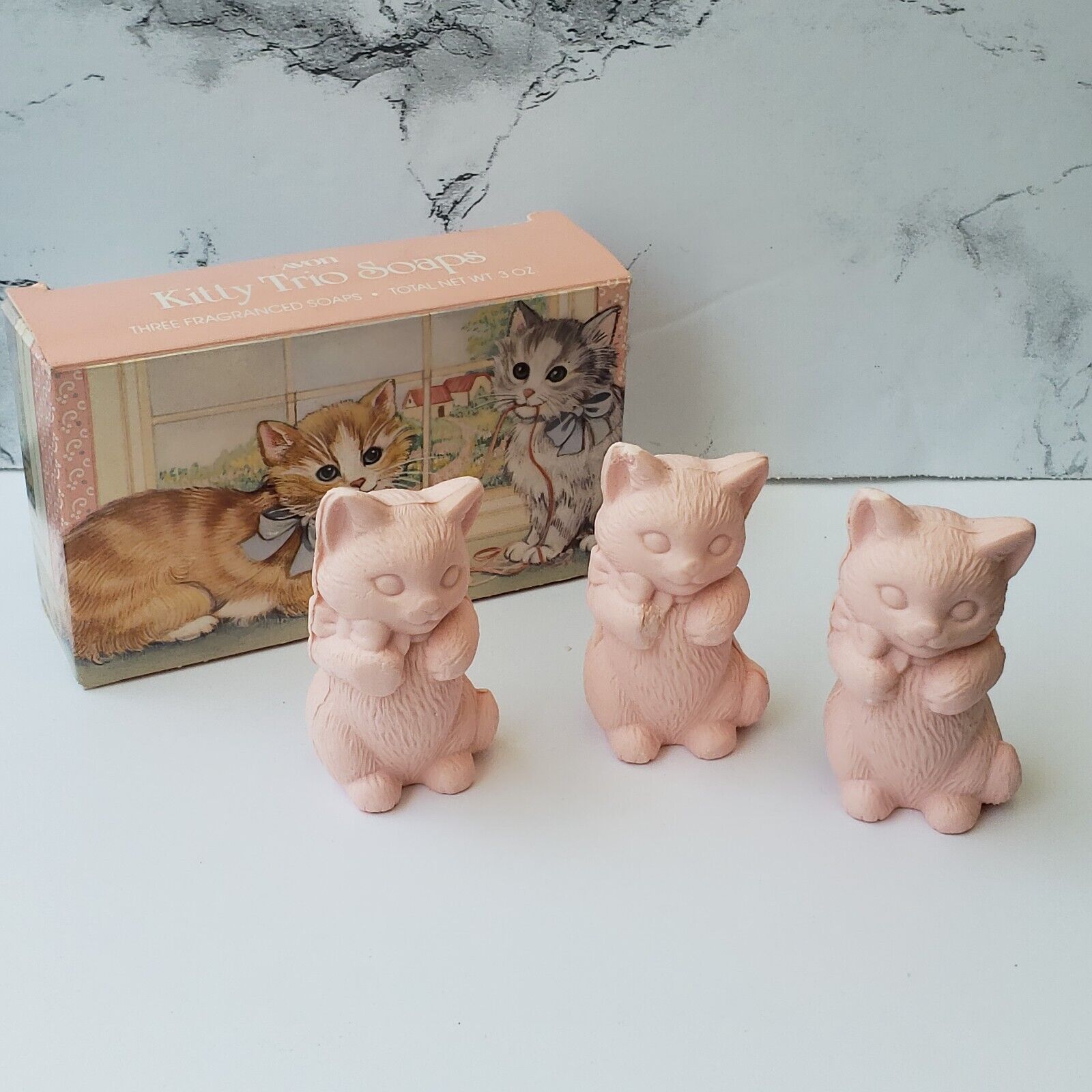 Vintage Avon 1987 Pink Kitty Trio 3 Pink Kitten Cat Fragranced Soaps 3oz Unused