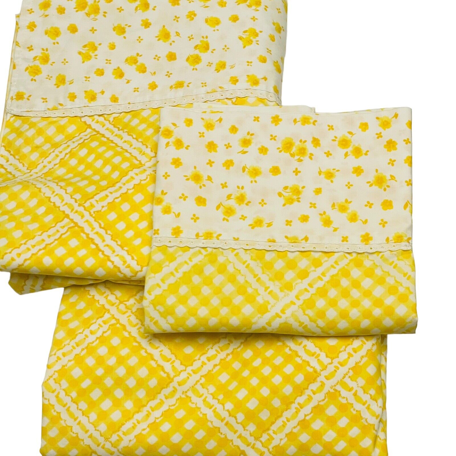 Vintage Springmaid Twin Set Fitted & Flat Sheet Pillow Yellow Check w Floral