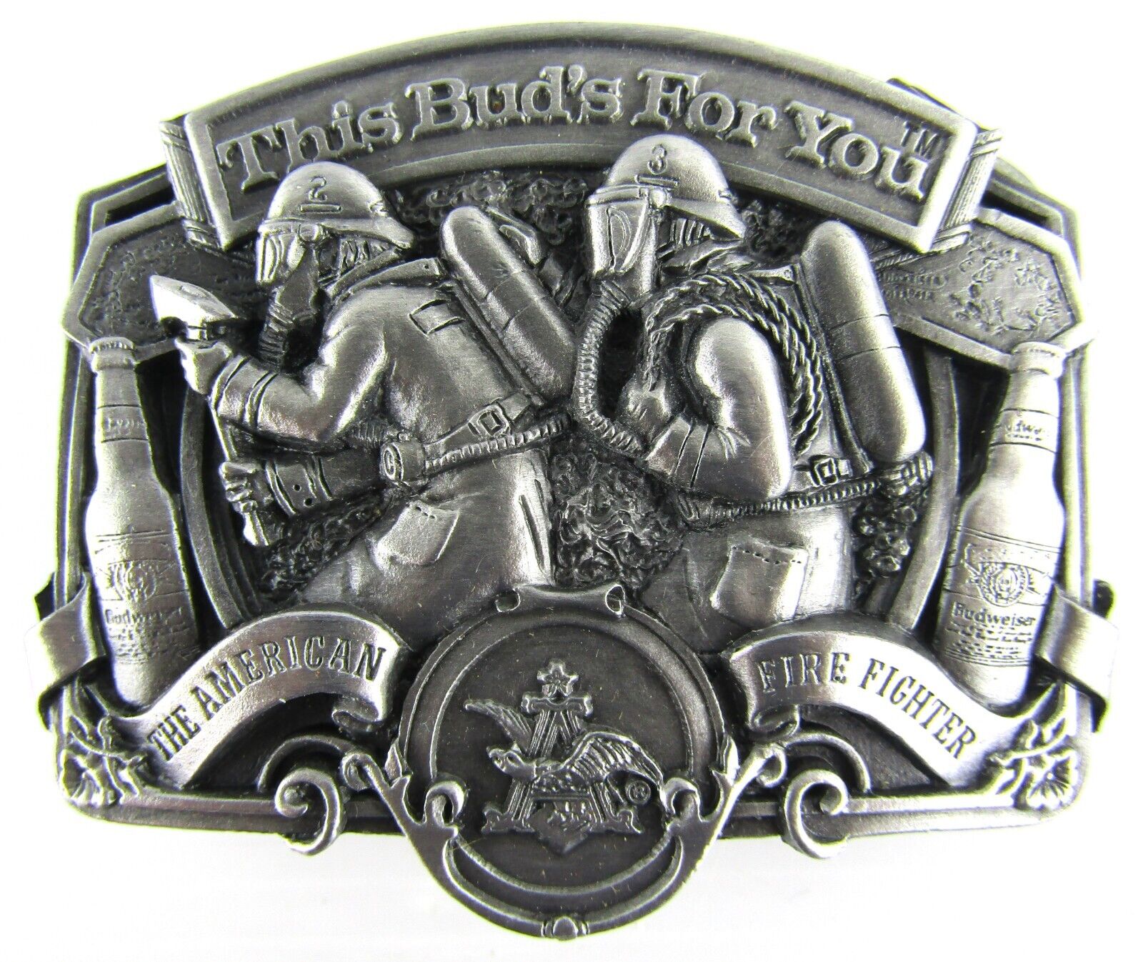 Vintage 1987 Anheuser Busch Firefighter Belt Buckle This Bud\'s For You Metal