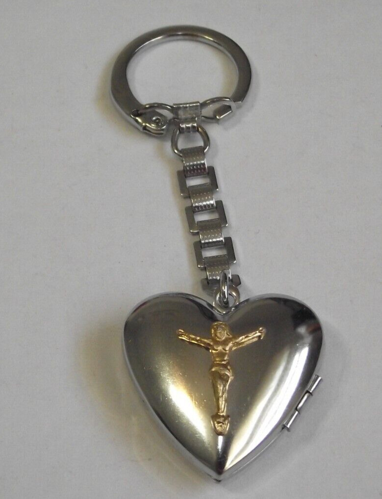 Vtg religious crucifix keychain heart locket pendant sweetheart photo