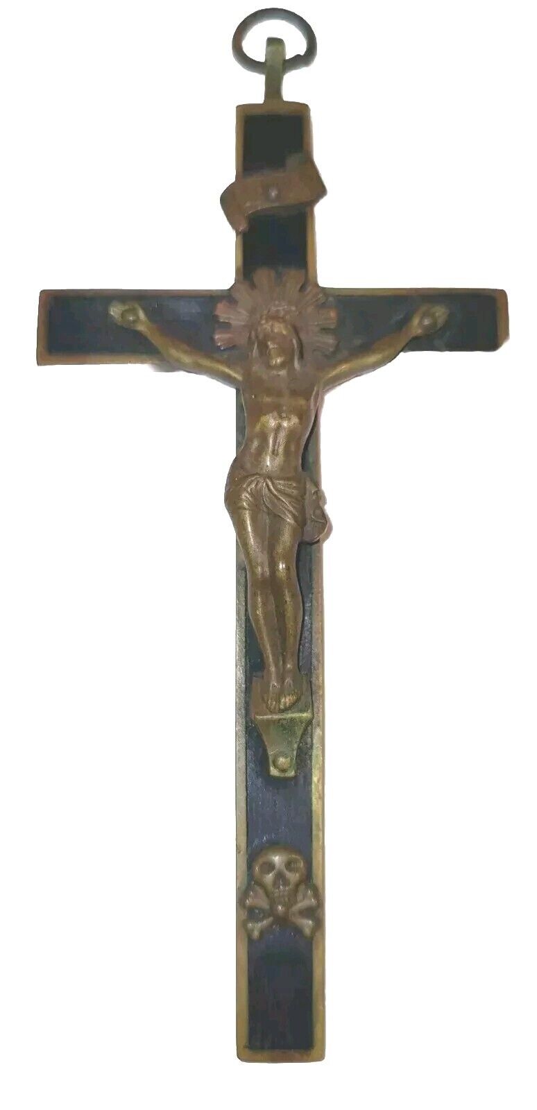 Antique Brass Pectoral Crucifix Cross Skull Crossbones Ebony Inlay Sacred Heart 
