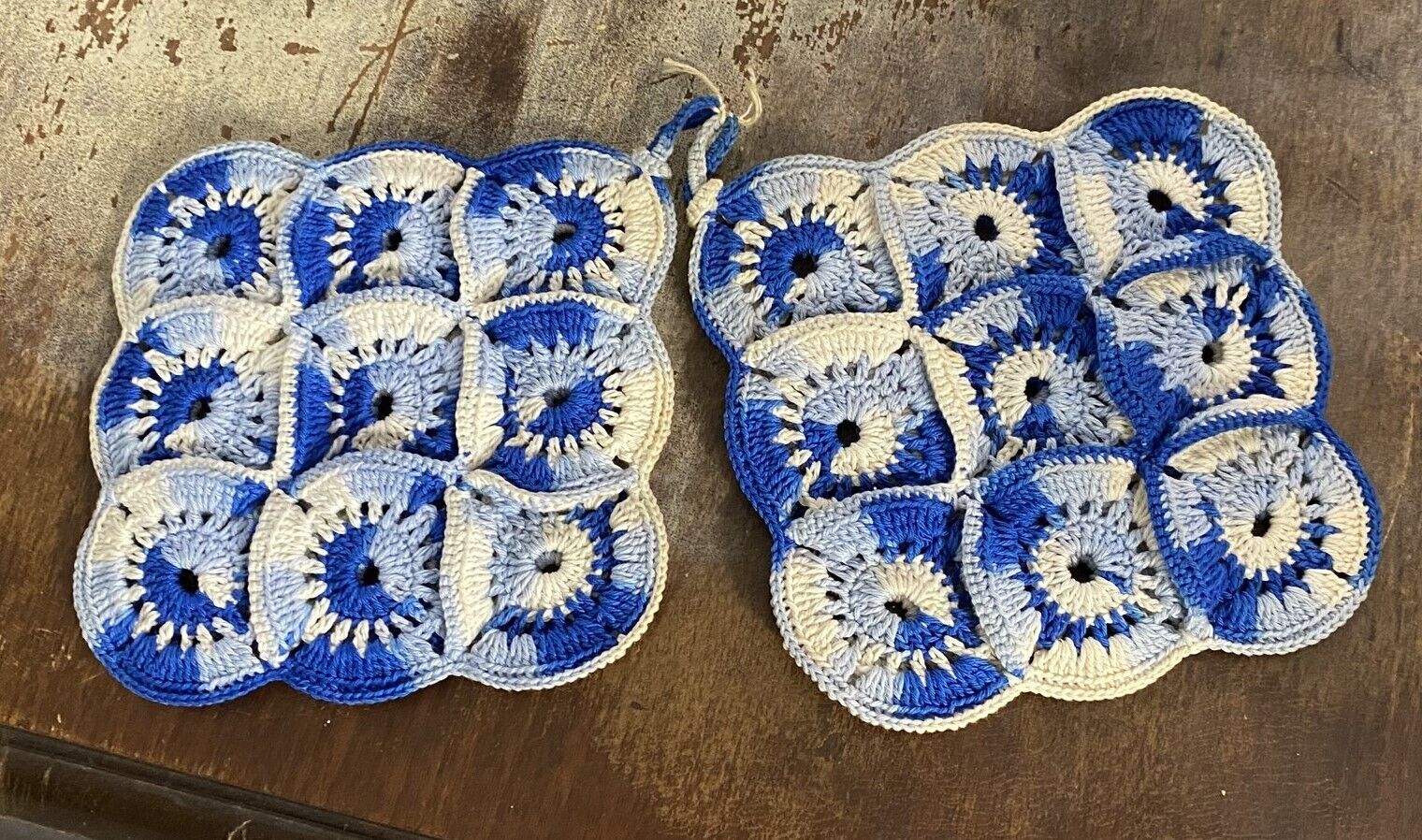 Vintage Potholders Granny Square Set of 2 Blue White Cotton Handmade