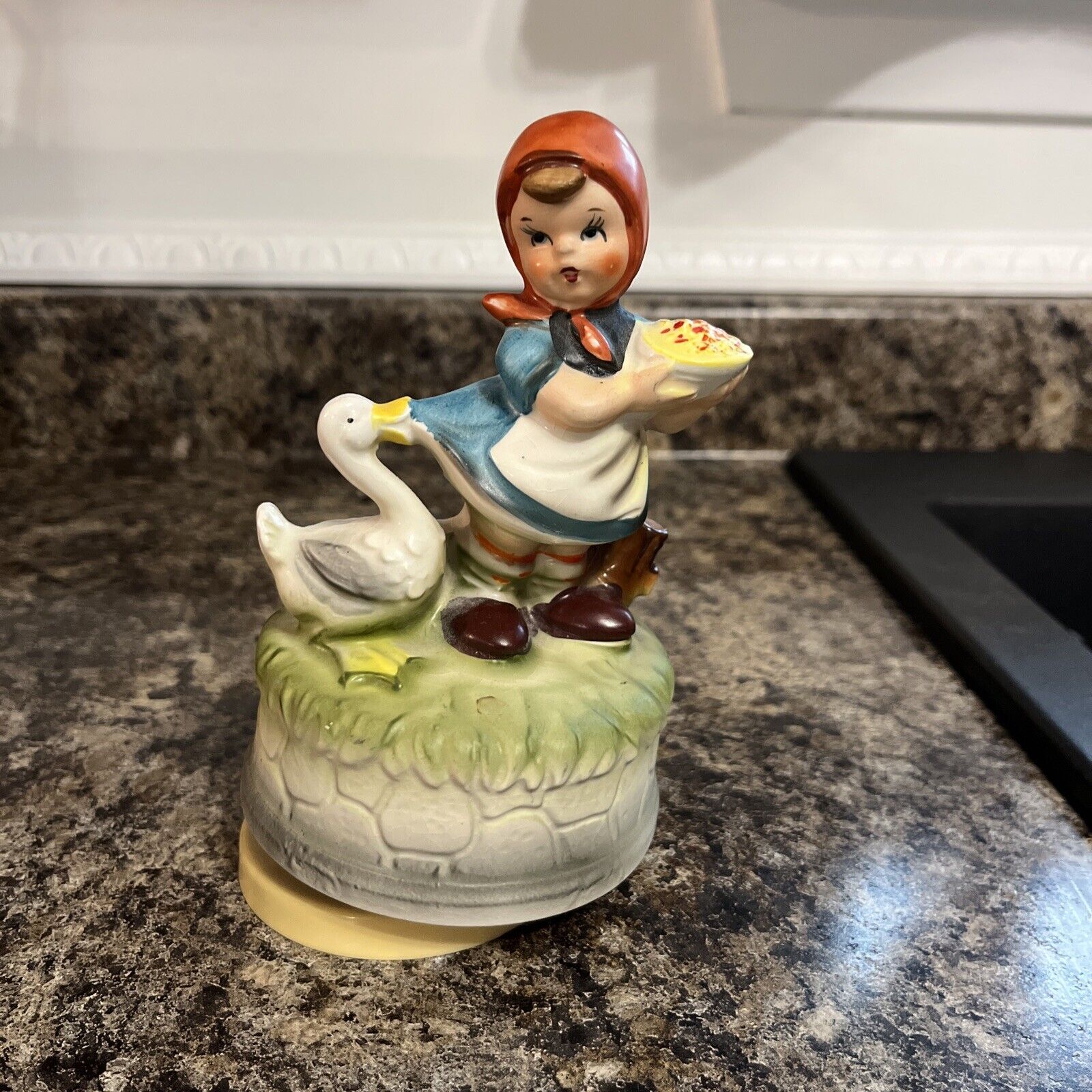 Vintage Hummel Style Girl with Duck Music Box Plays \