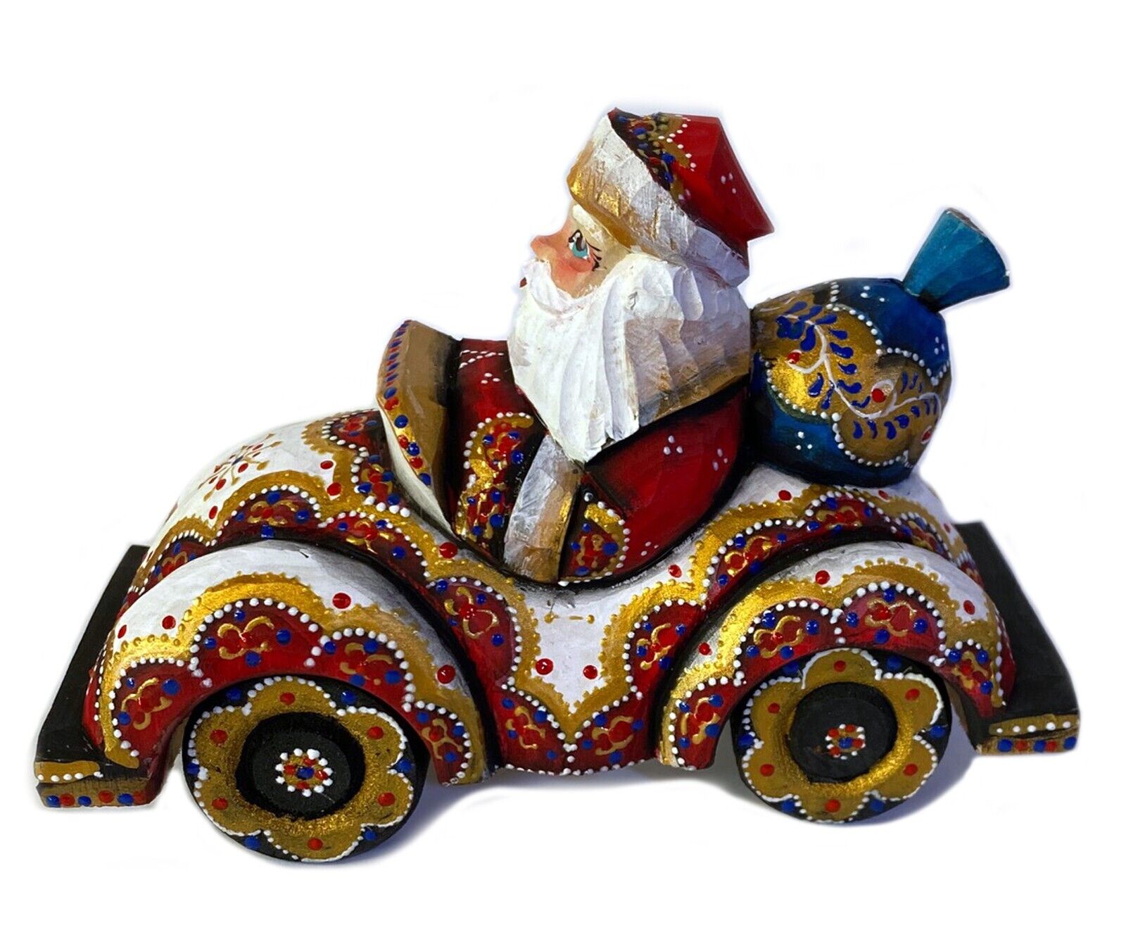 Santa Claus Figurine Russian Santa Riding Car Bag of Goodies Wooden Hand Carved