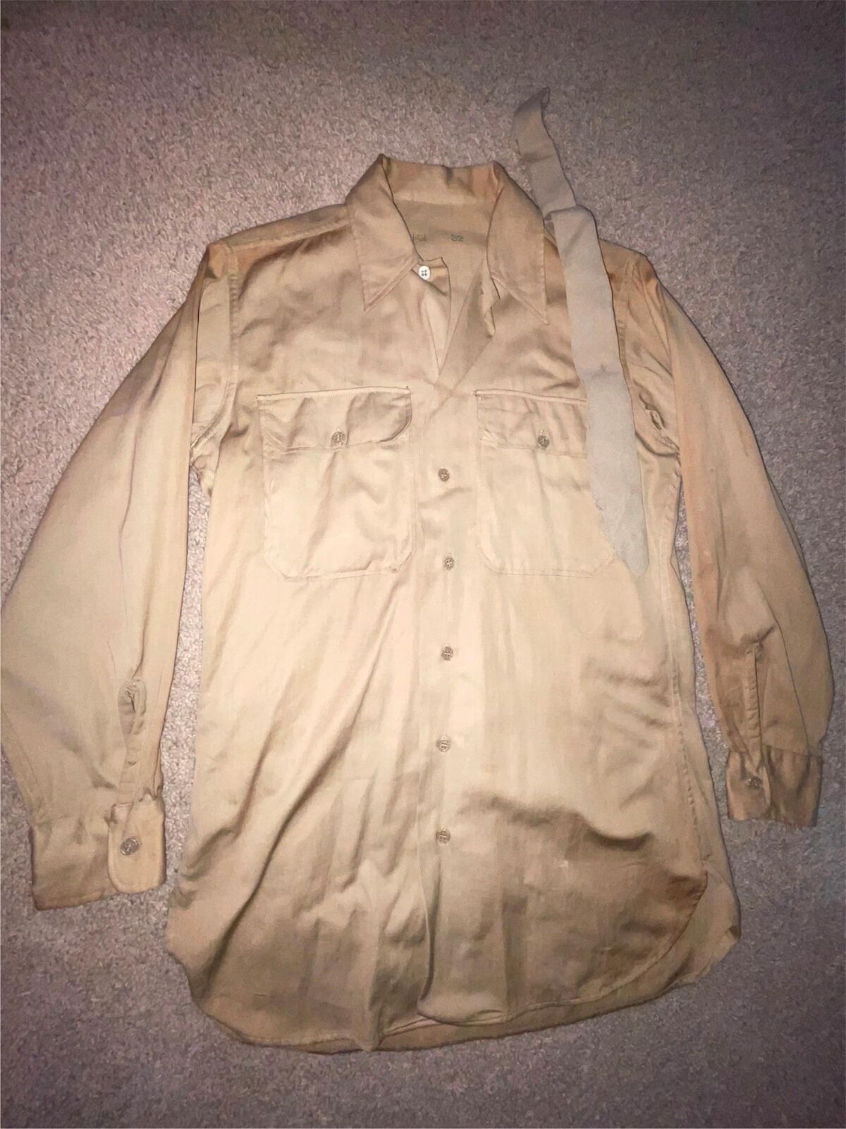 VTG 40S WWII MENS 14.5 SMALL TAN COTTON BUTTON LONG SLEEVE MILITARY ARMY SHIRT