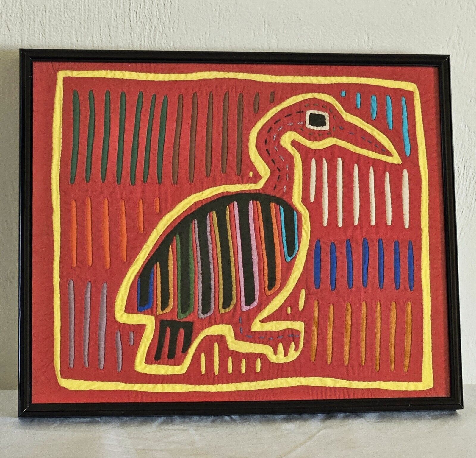 Vintage Framed Kuna Mola Textile Art Bird Kuna Hand Stitched Folk Art