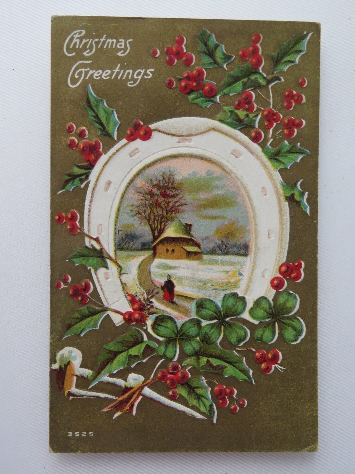 1909 Antique Postcard Christmas Embossed Holly Winter Scene Snow House A569