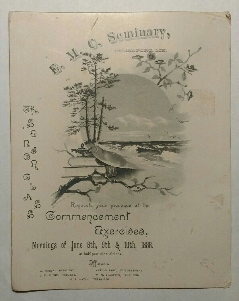 Rare 1886 E.M.C. Seminary Exercises Commencement Invitation Card Bucksport, ME 
