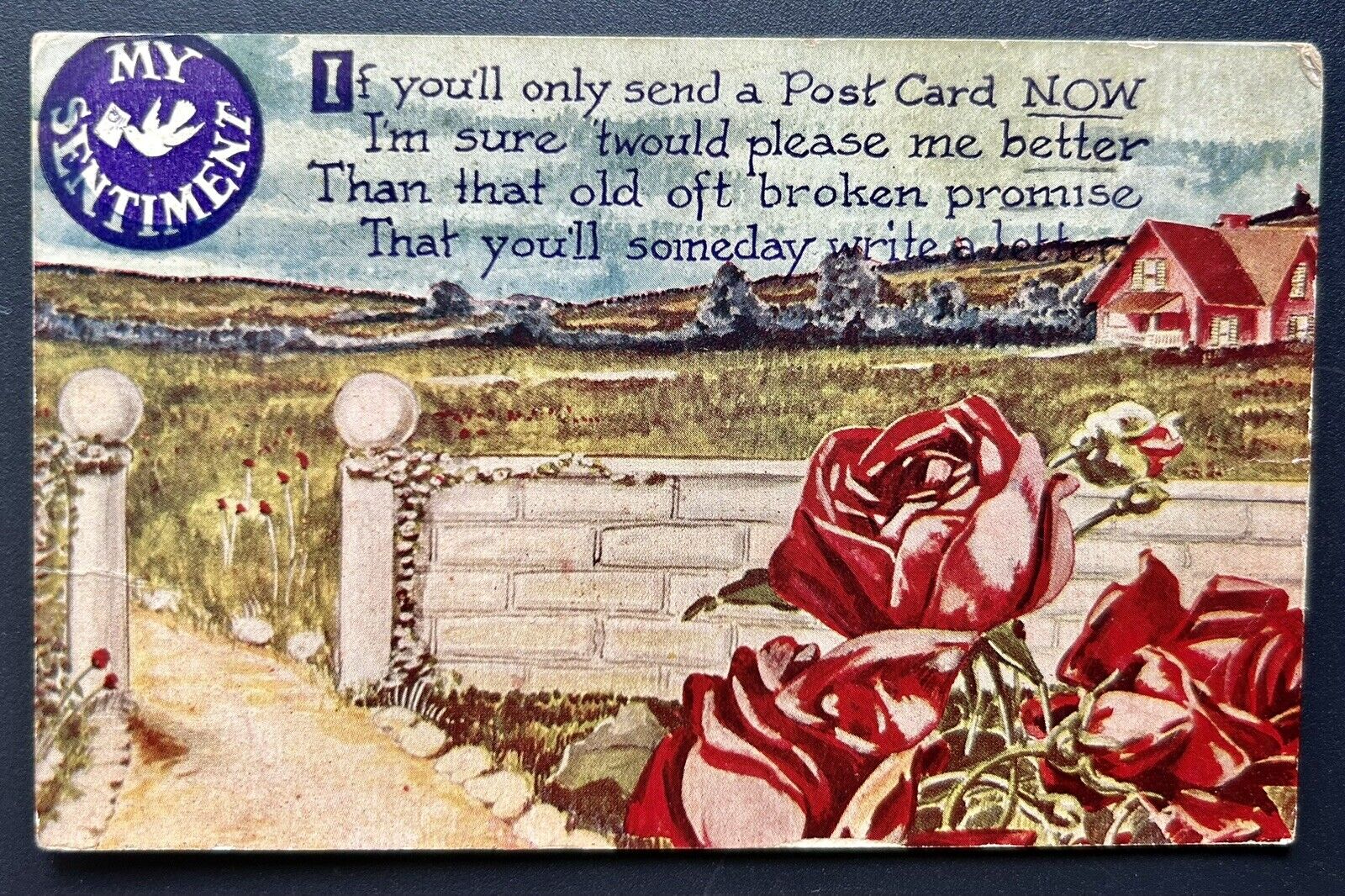 Vintage Friendship Postcard. Poetry And Roses. Scenic.