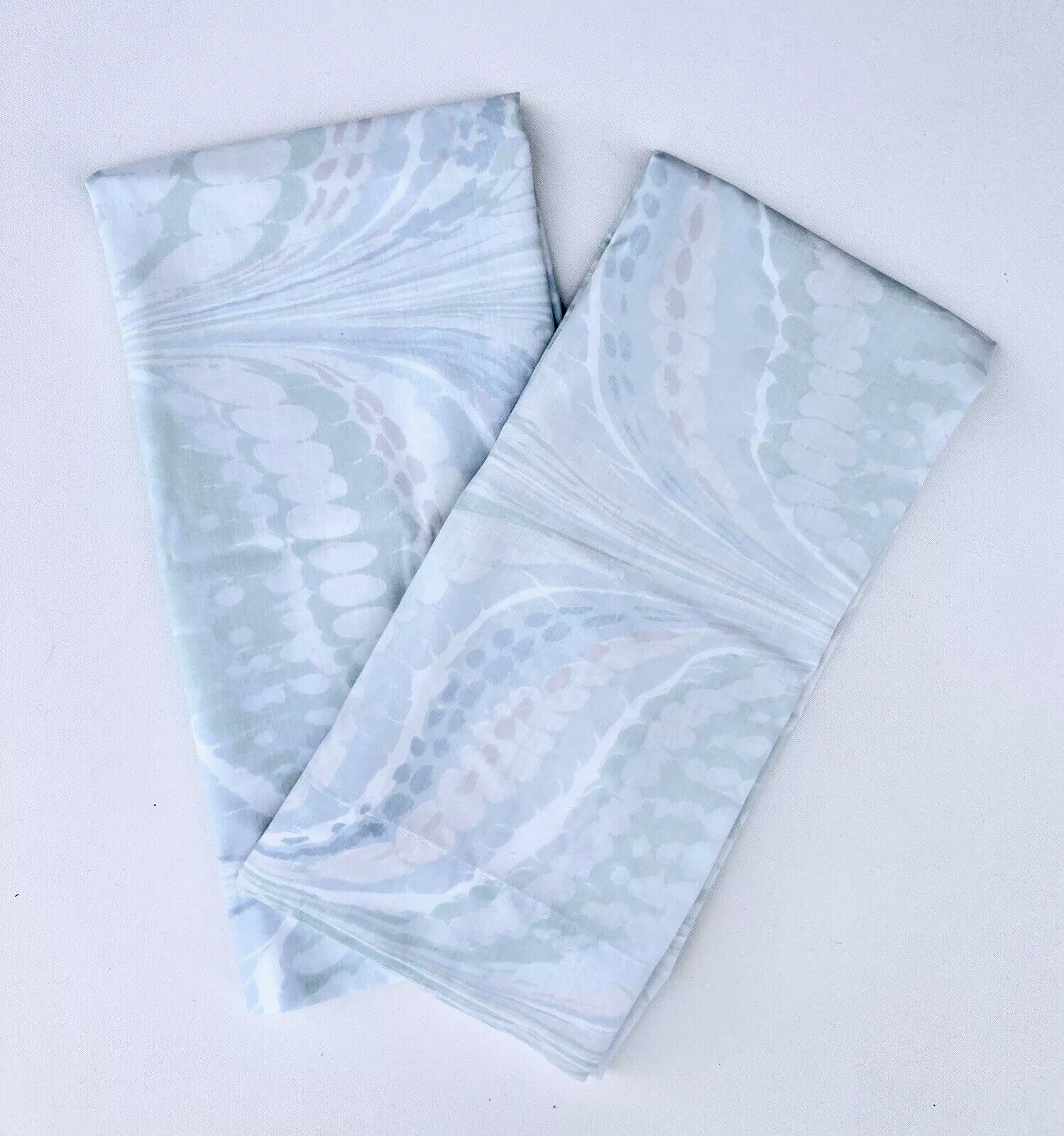 Two Vintage Standard Pillowcases Marbled Blue Pattern Clean Condition