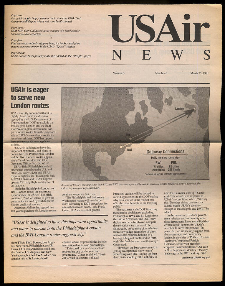 US Air NEWS airline employee issue 3/25 1991 London Gateway Hubs BWI PHL