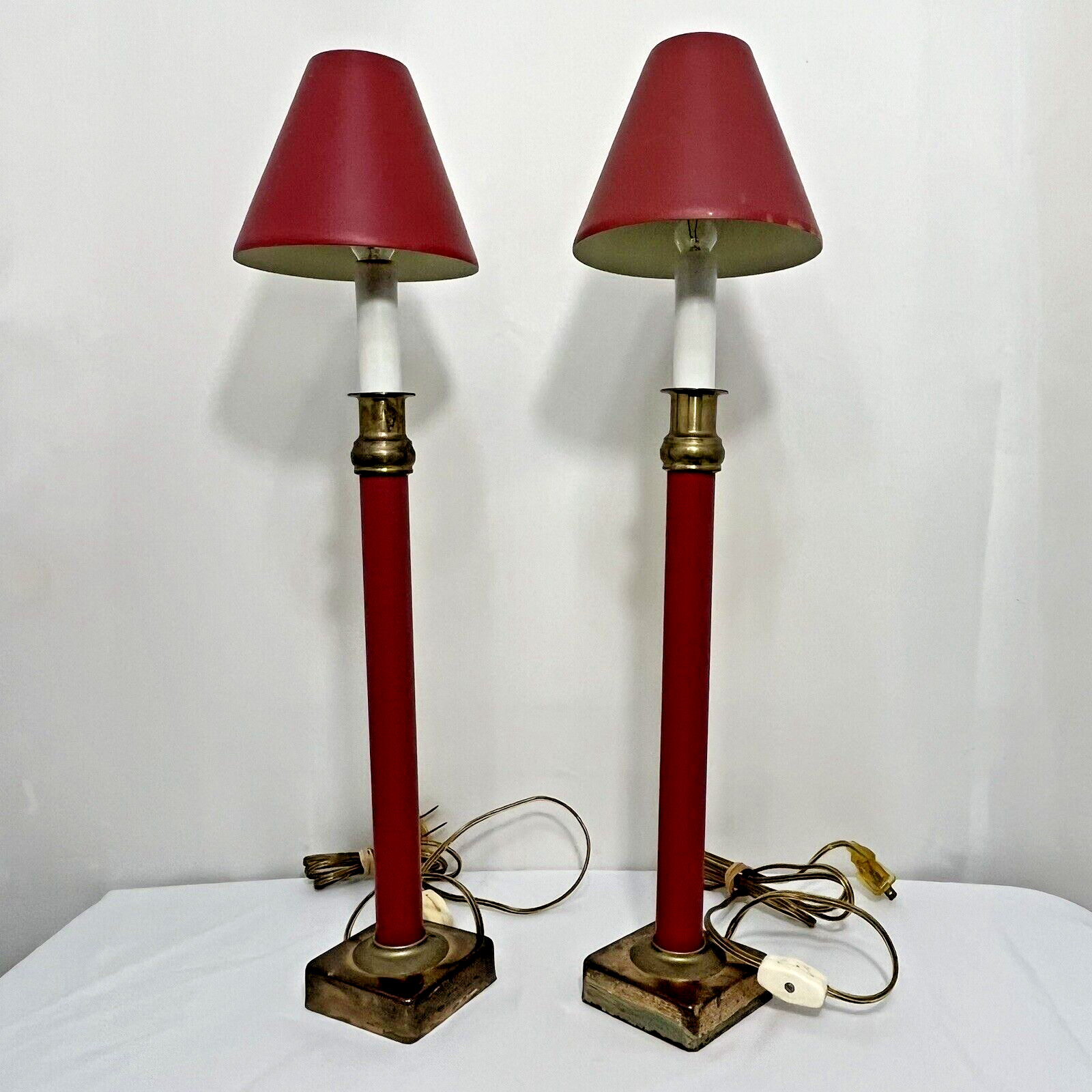 Vintage Pair Of Electric Candlestick Lamps With Metal Shades Red Burgundy Brass