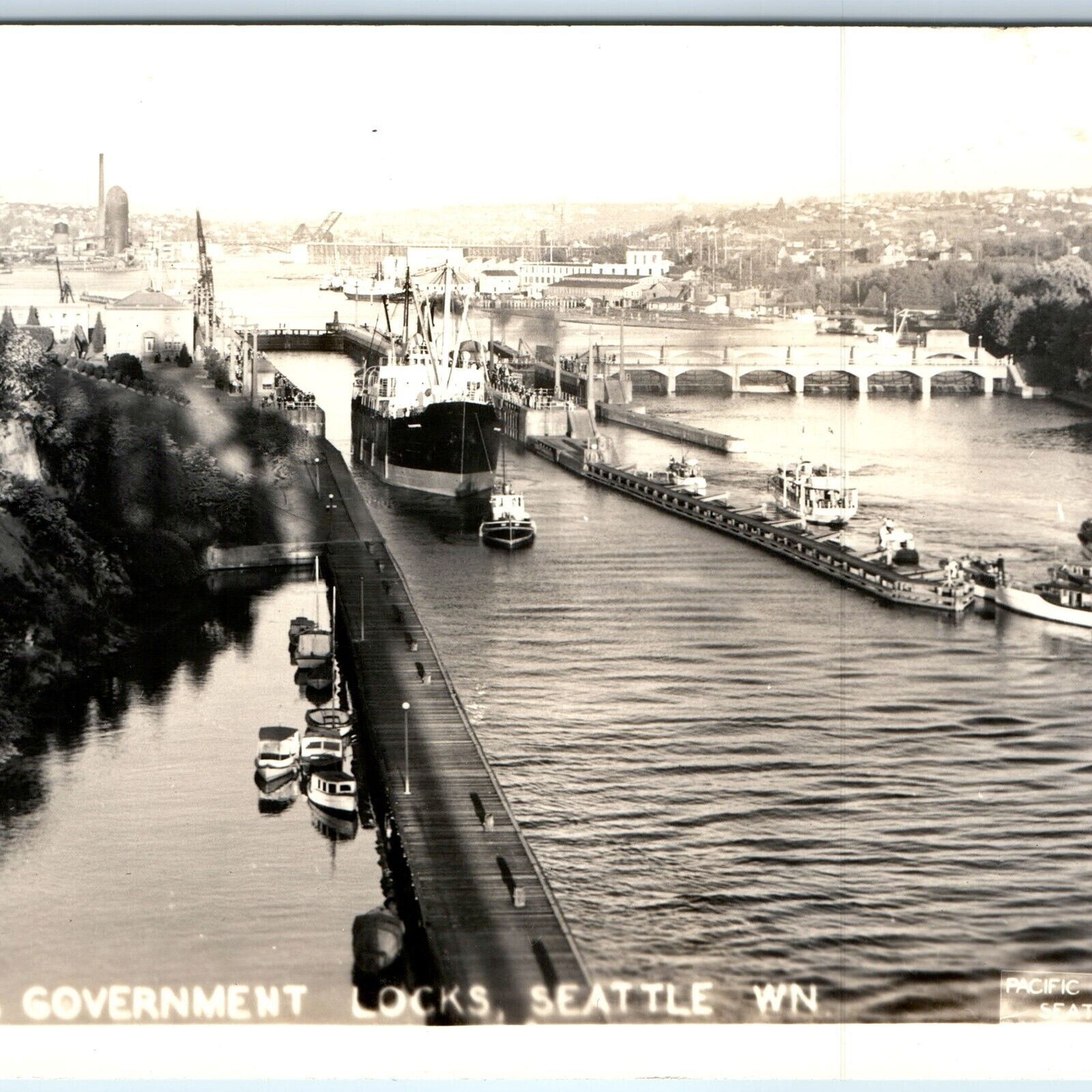 c1940s Seattle, WA RPPC US Government Locks Tug Ship Real Photo Postcard A100