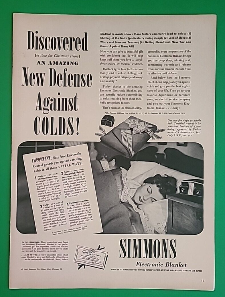 1948 Simmons Electronic Blanket Magazine Print Ad New Defense Against COLDS
