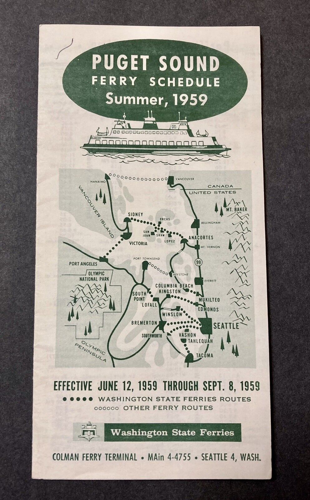 Vintage 1959 Puget Sound Ferry Summer Schedule Brochure Pamphlet
