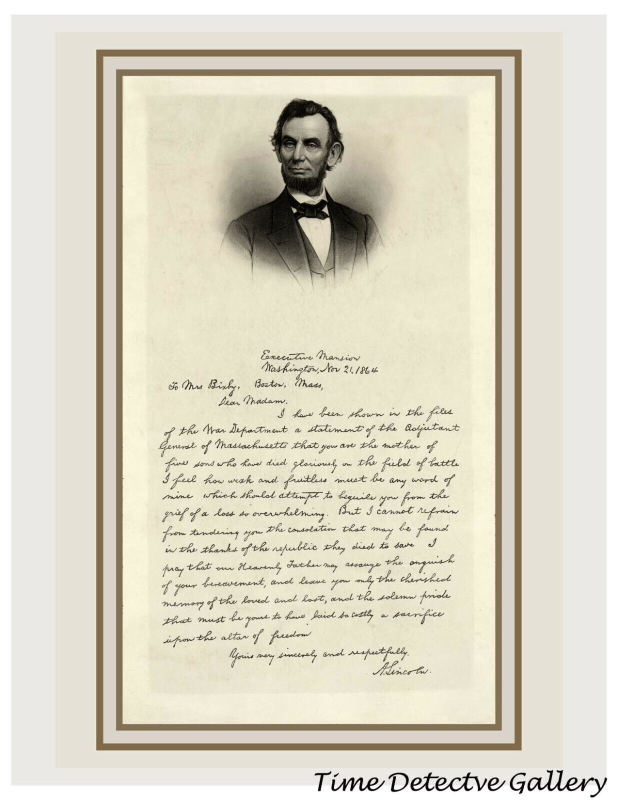 Letter from Abraham Lincoln to Mrs. Bixby (lost 5 sons) - Historic Graphic Print