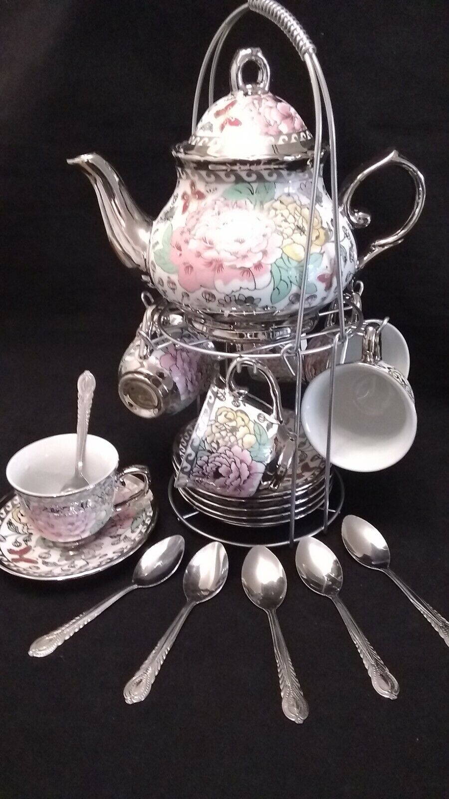 20 Pc Tea Set Pot 6 Cups Saucer Spoon Rack Silver Multi Gift Tea Party