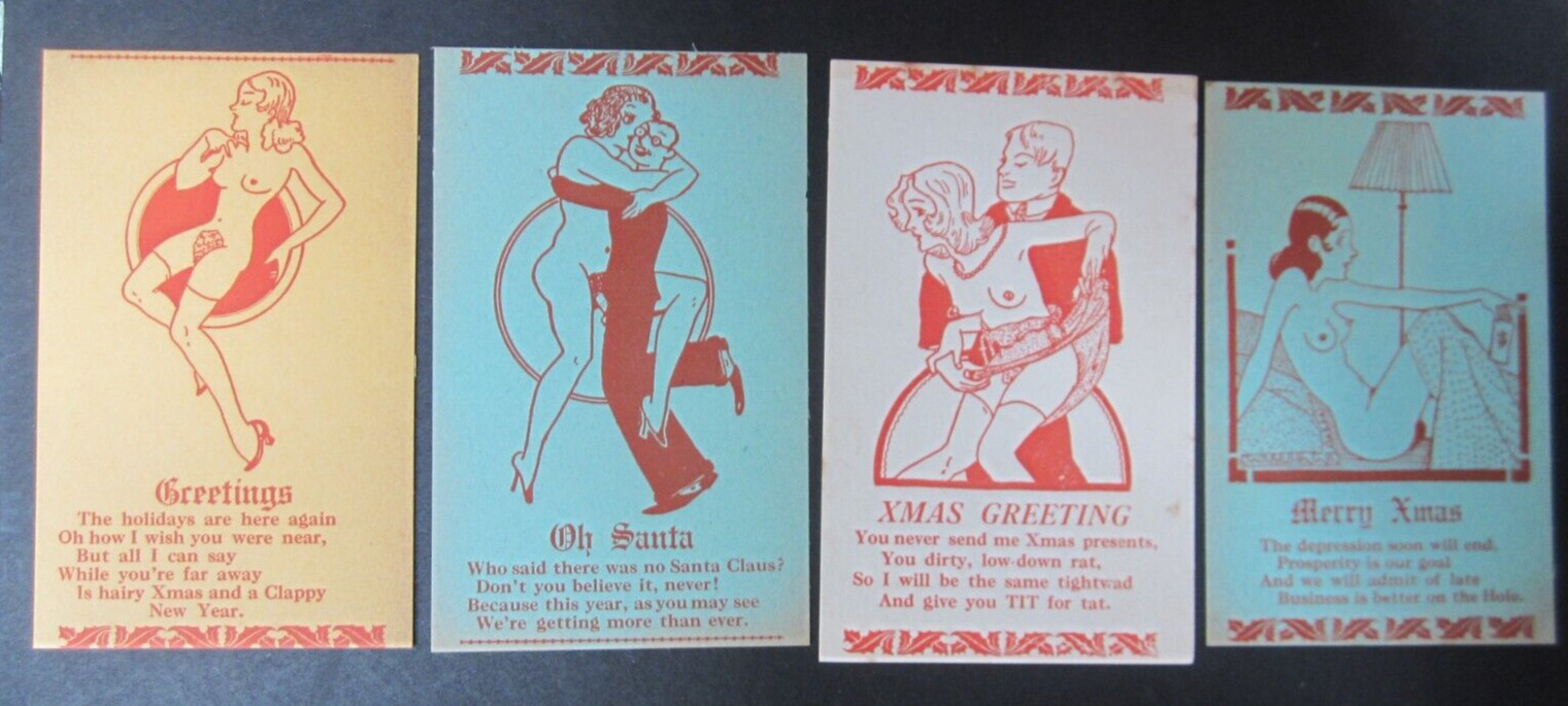 Lot of 4 Old Vintage 1930's - Adult-Theme - XXX - Christmas Greeting Cards