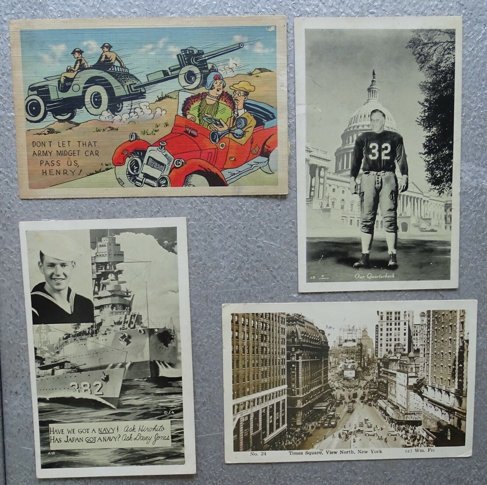 4 early 1940\'s WWII Postcards: FDR as QB, NAVY ask Hirohito, Times Square, etc. 