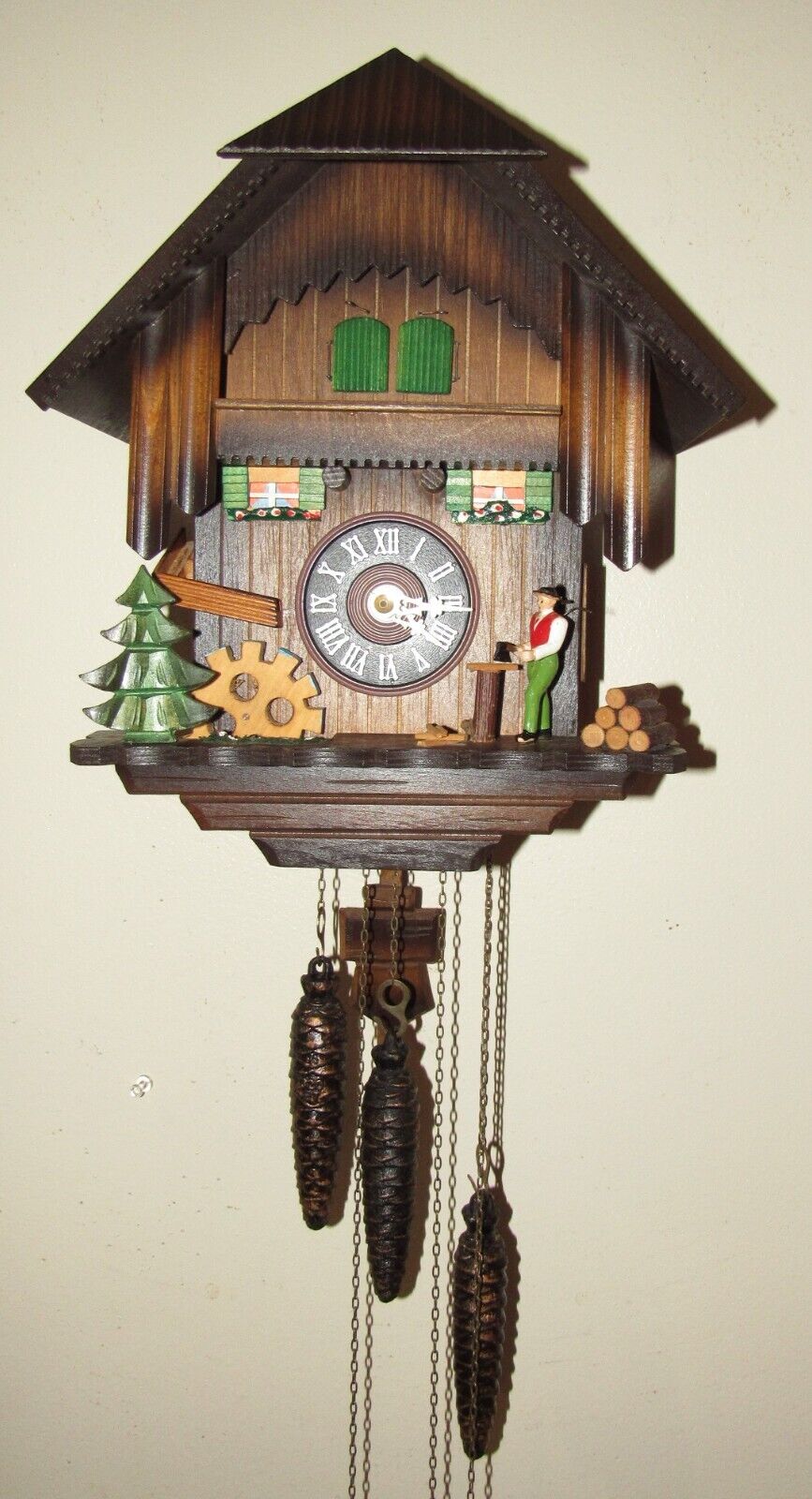 Black Forest Swiss Musical Animated Woodchopper Chopping Wood Cuckoo Clock