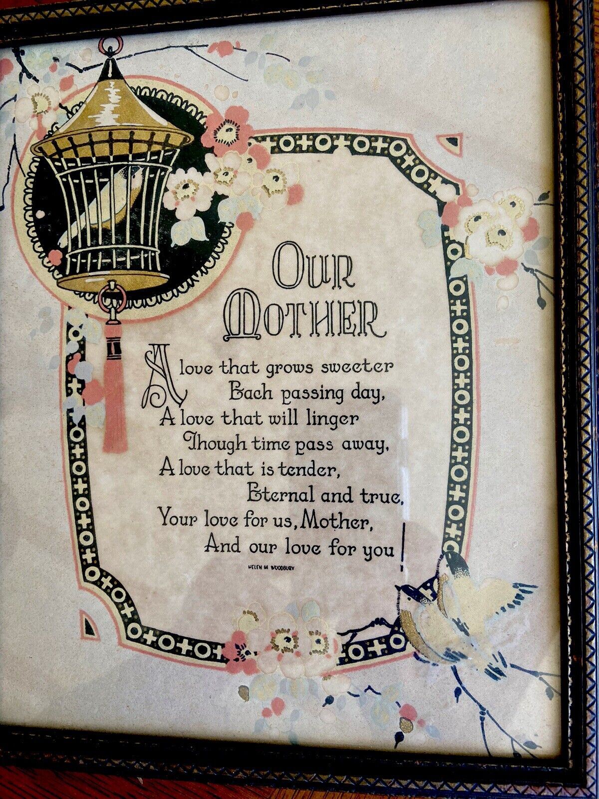 Vintage Our Mother Poem Framed Art Work Mothers Day  Prayer  Birds