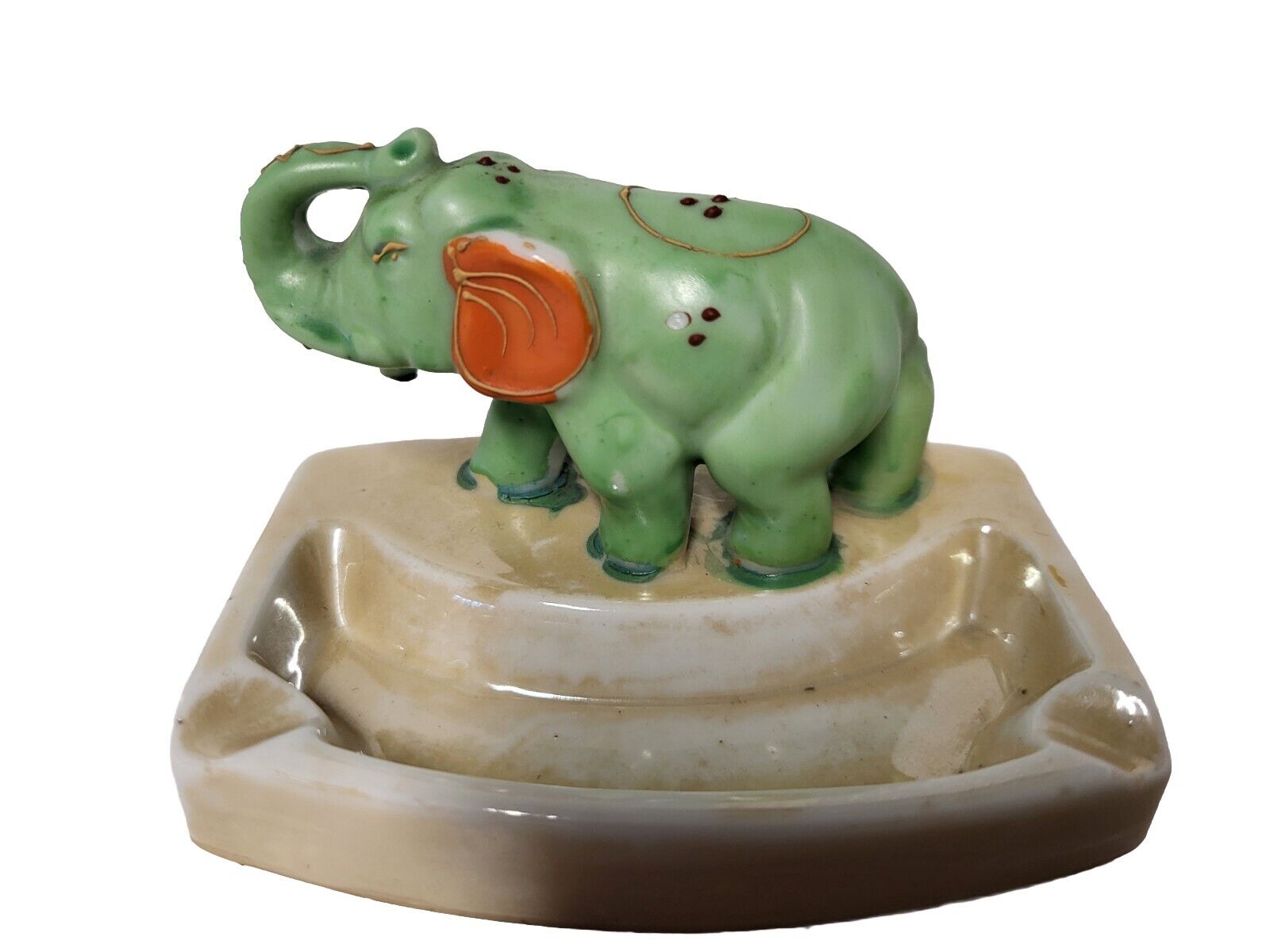 Vintage MCM Handpainted Japan Ceramic Lusterware Elephants Ashtray Trinket Dish 