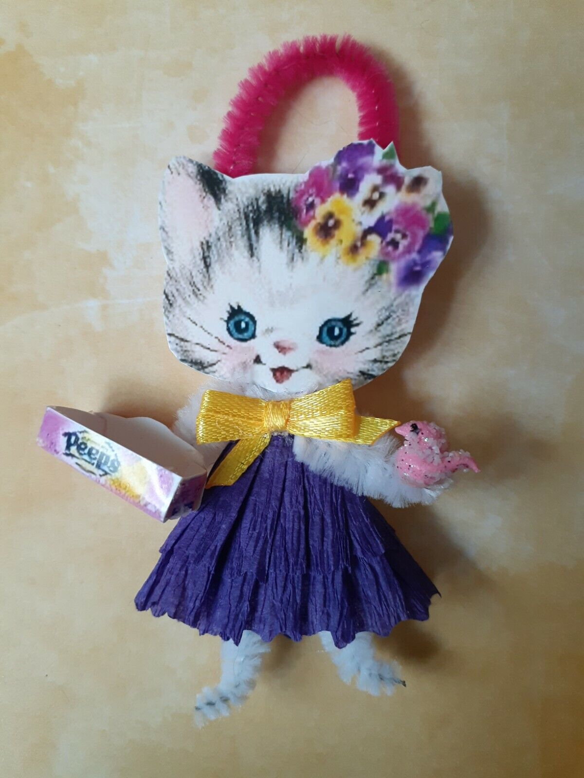 Retro Vintage Style Chenille Ornament for Easter Kitty with Peeps