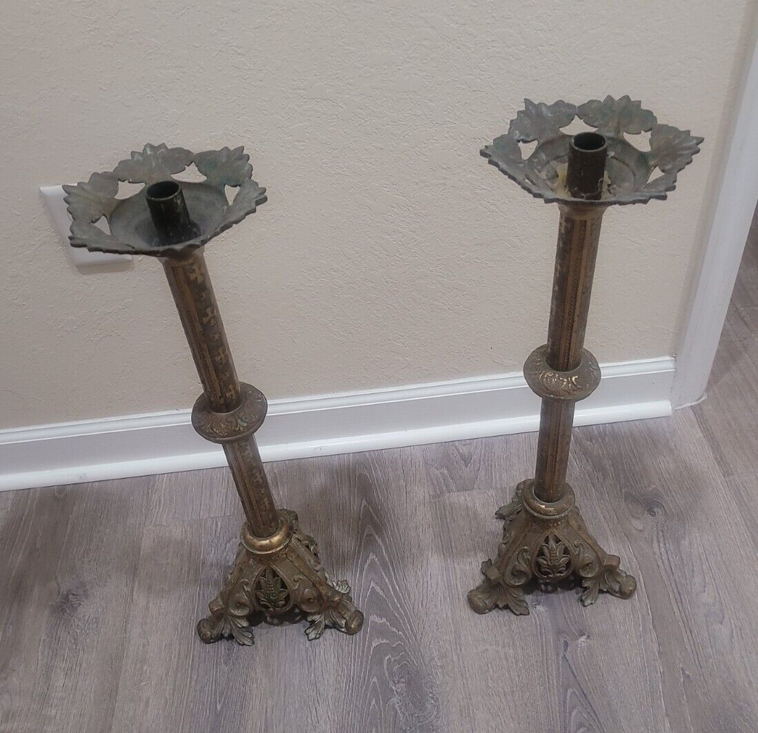 Antique Pair Brass Candle Holders Church Heavy 24”
