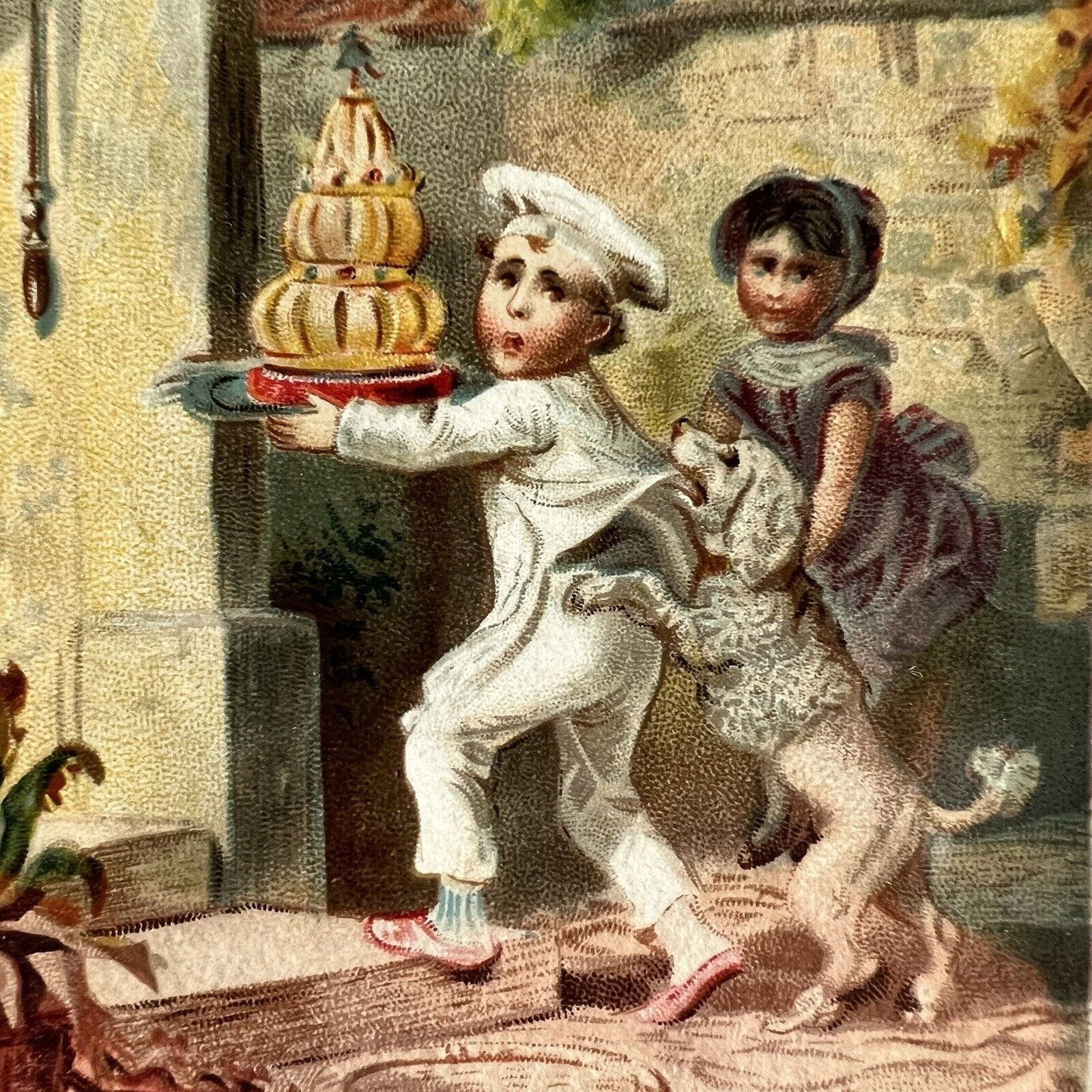 Victorian Era Advertising Trade Card Boy Chef Carrying Delicate Cake Jumping Dog