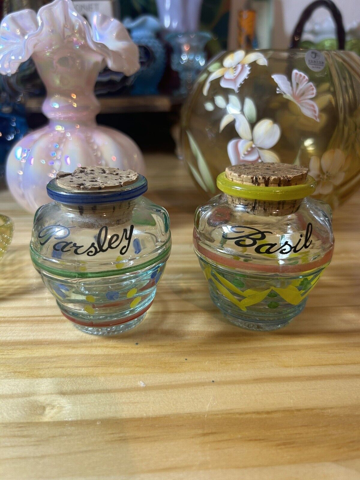 Set Of Vintage Glass Herb Jars Small Made In Italy Parsley And Basil With Corks