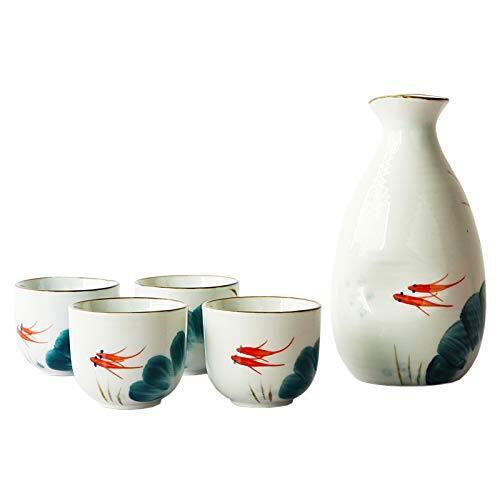 Japanese Sake Set - Porcelain Sake Tokkuri Bottle 8 fl oz and Four Sake Ochok...