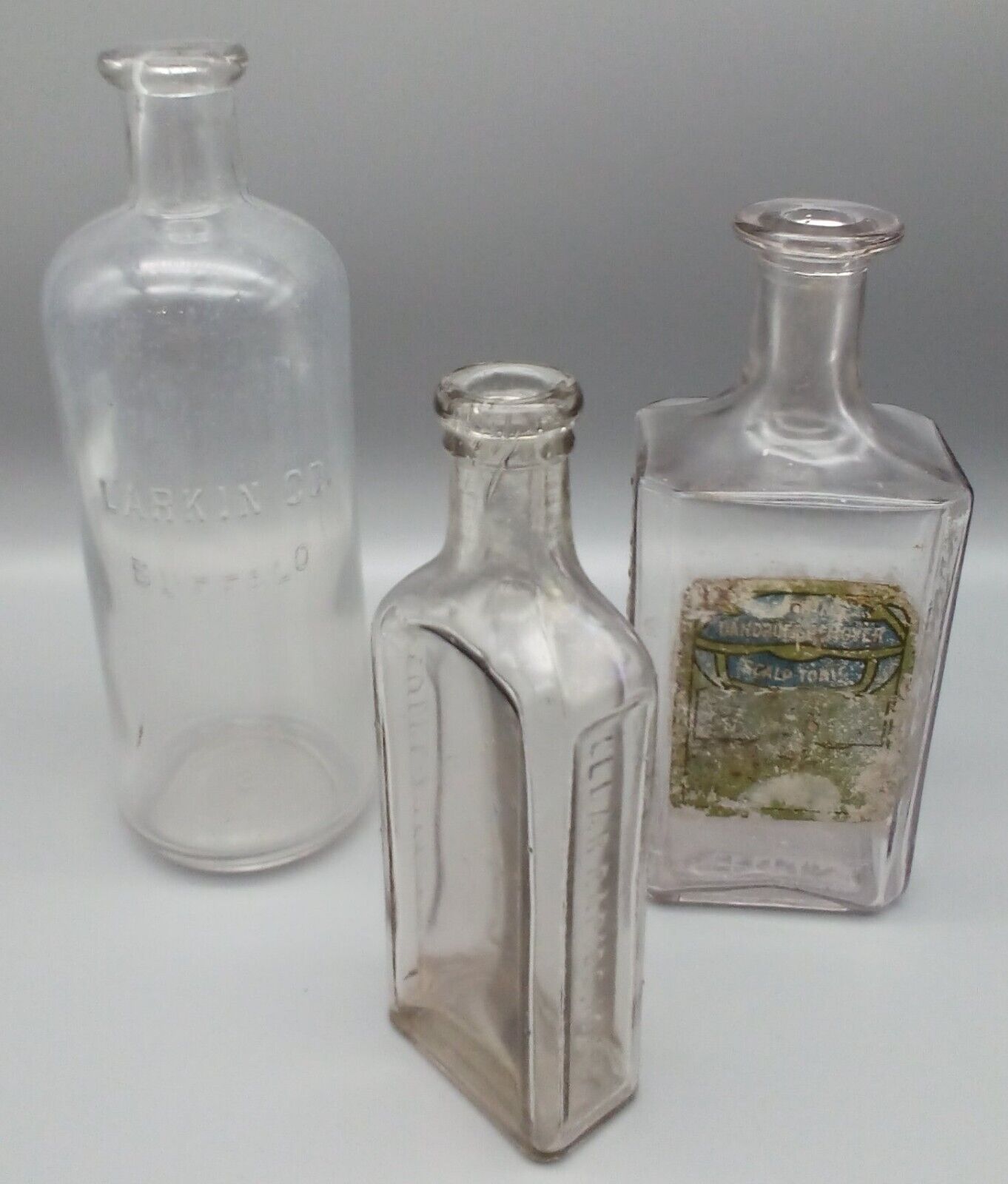 Lot of (3) Antique/ Vintage Bottles Shores-M Co., WatkinsDandruff, Larkin Co.