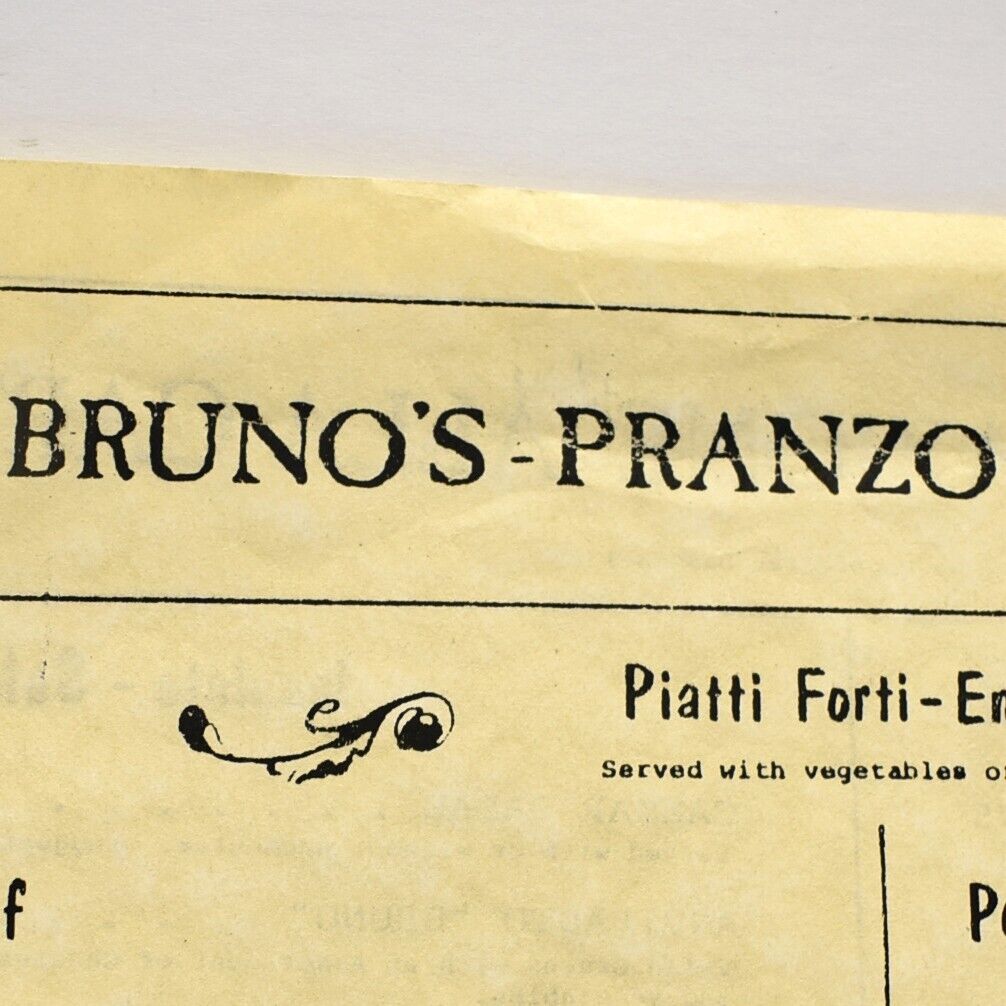 Vintage 1984 Bruno's Italian Pizza Restaurant Menu