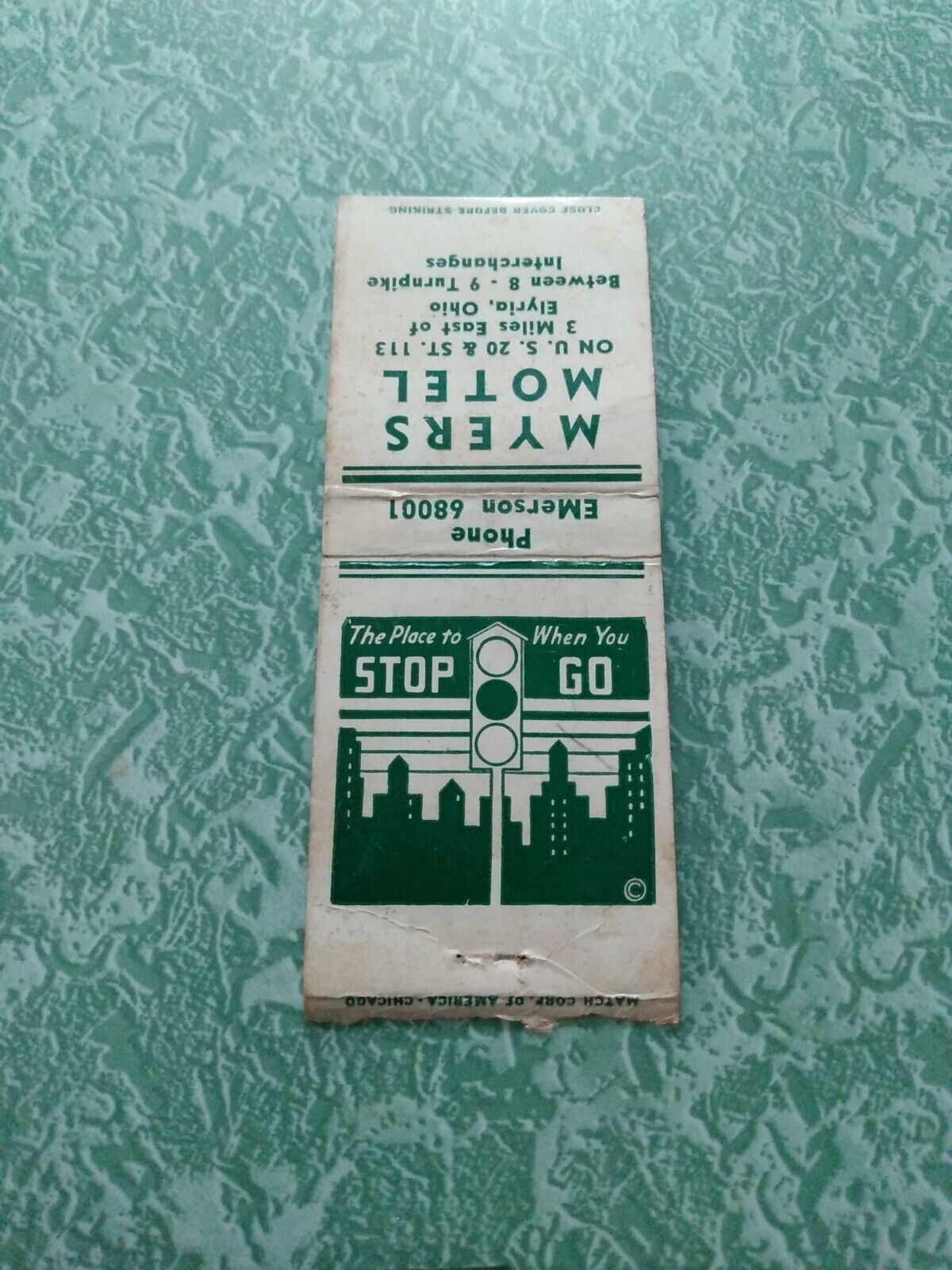 Vintage Matchbook Cover J1 Collectible Elyria Ohio Myers motel stop go light