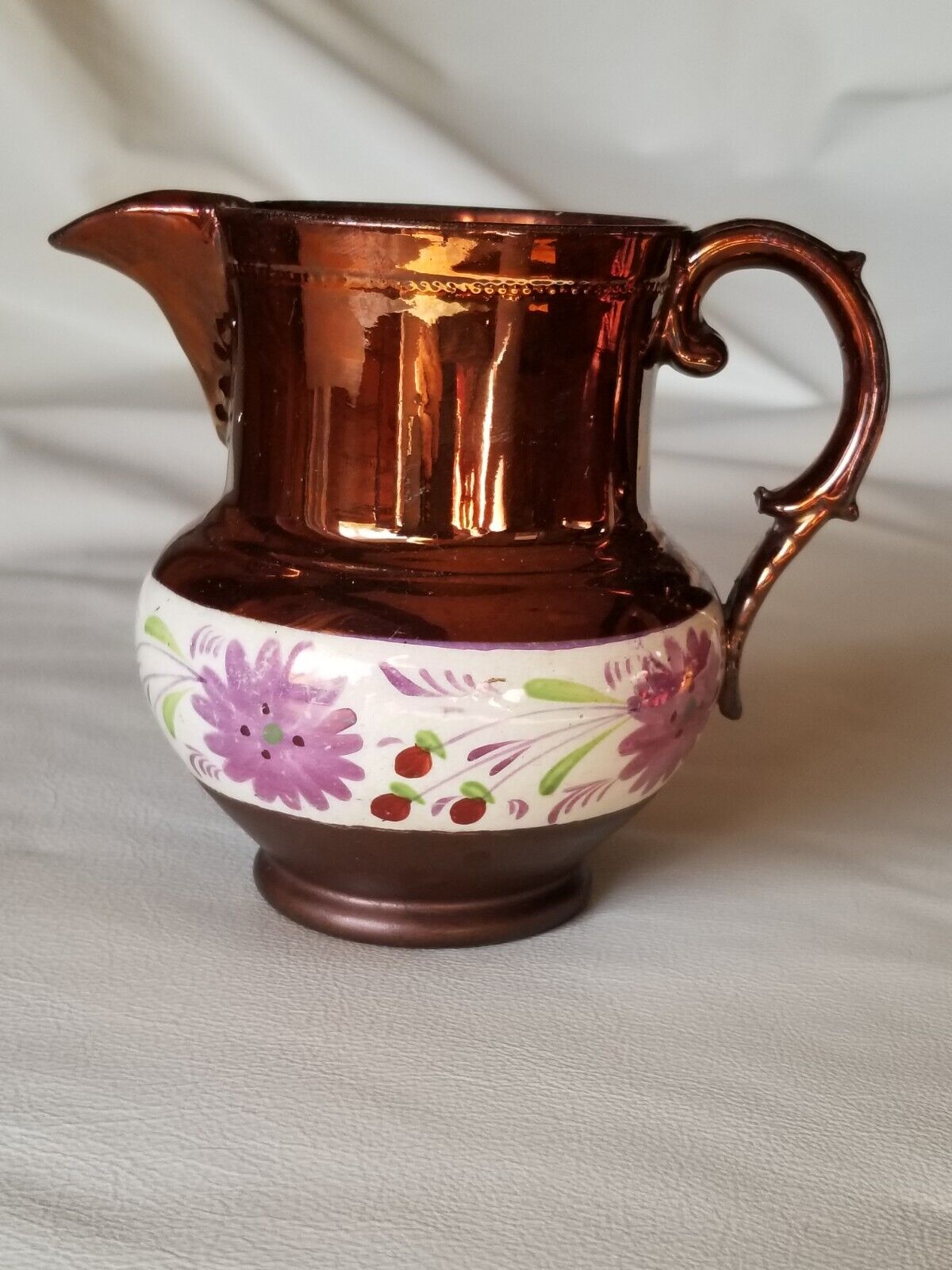 Antique Copper Lusterware Pitcher Cream Band with Hand Painted Flowers in Purple