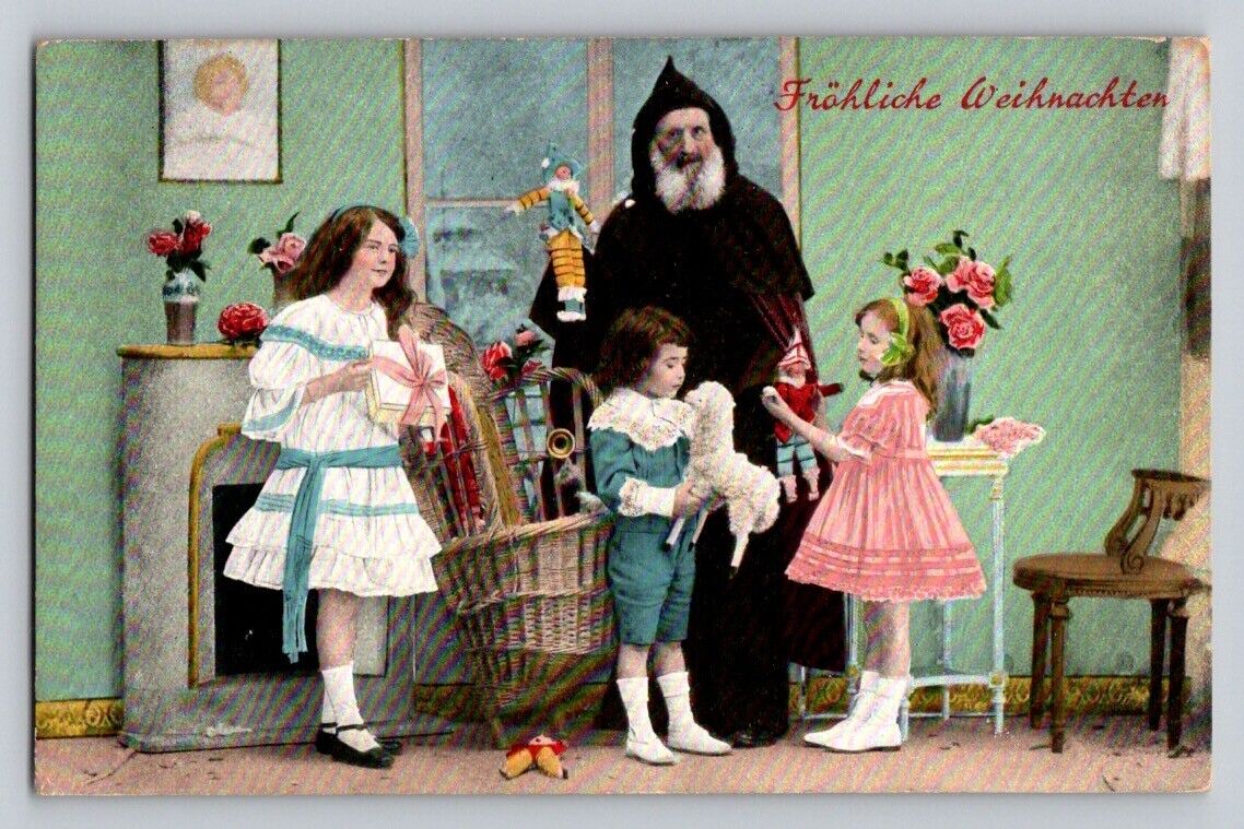 c1910s Old World Brown Santa Claus Basket  Children Toys Christmas P322
