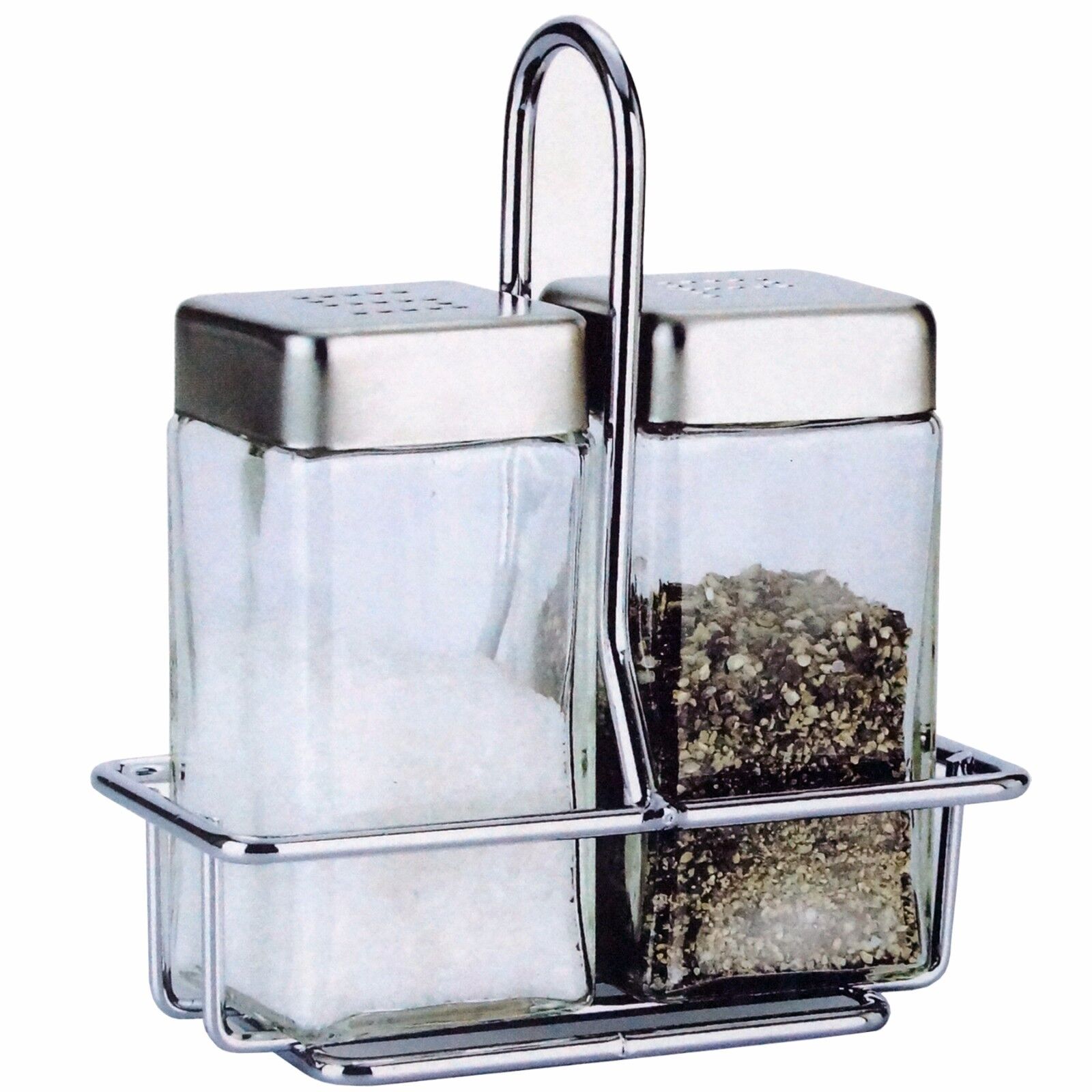Salt and Pepper Glass Shakers Stainless Steel Lid and Wire Rack Stand Spice 