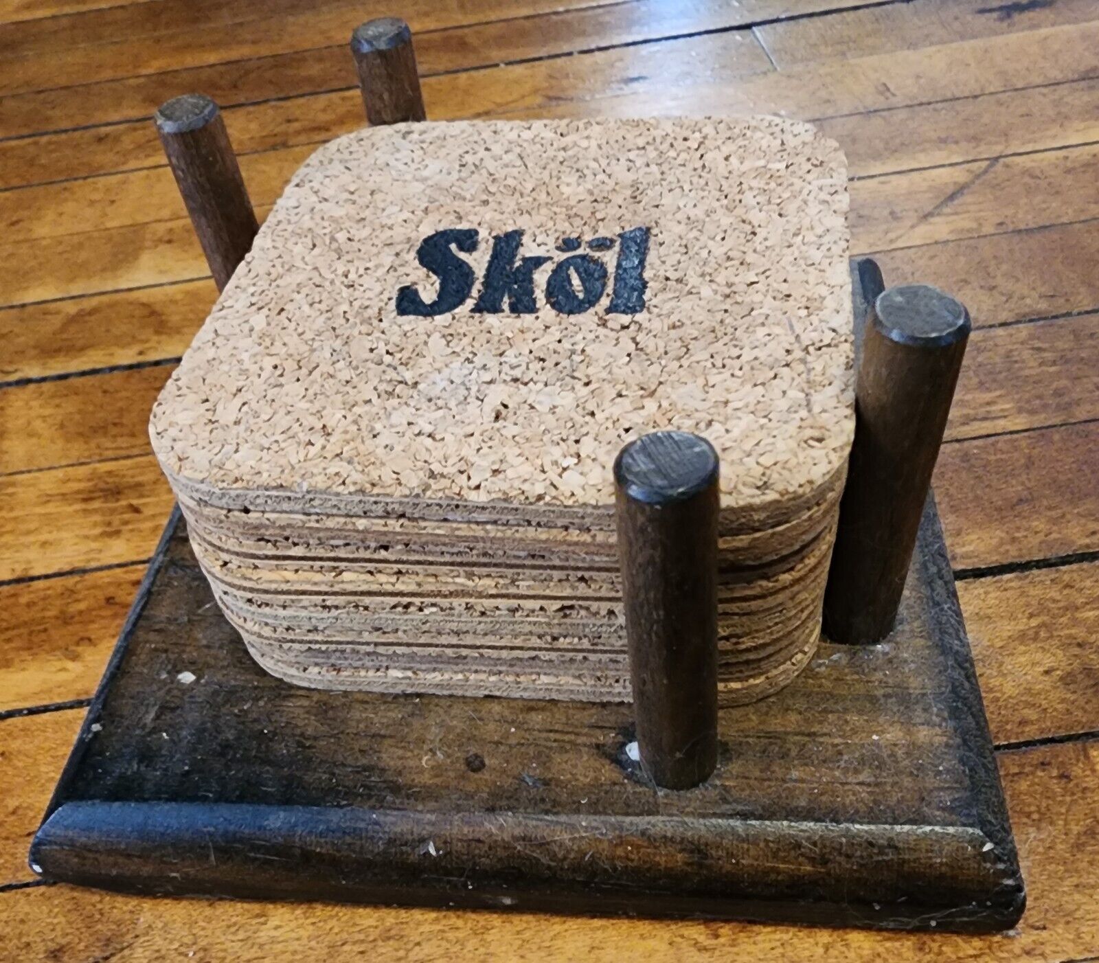 Set of 8 SKOL Cork 4.25 Inch Coasters in Knock on Wood Corp Wooden Rack