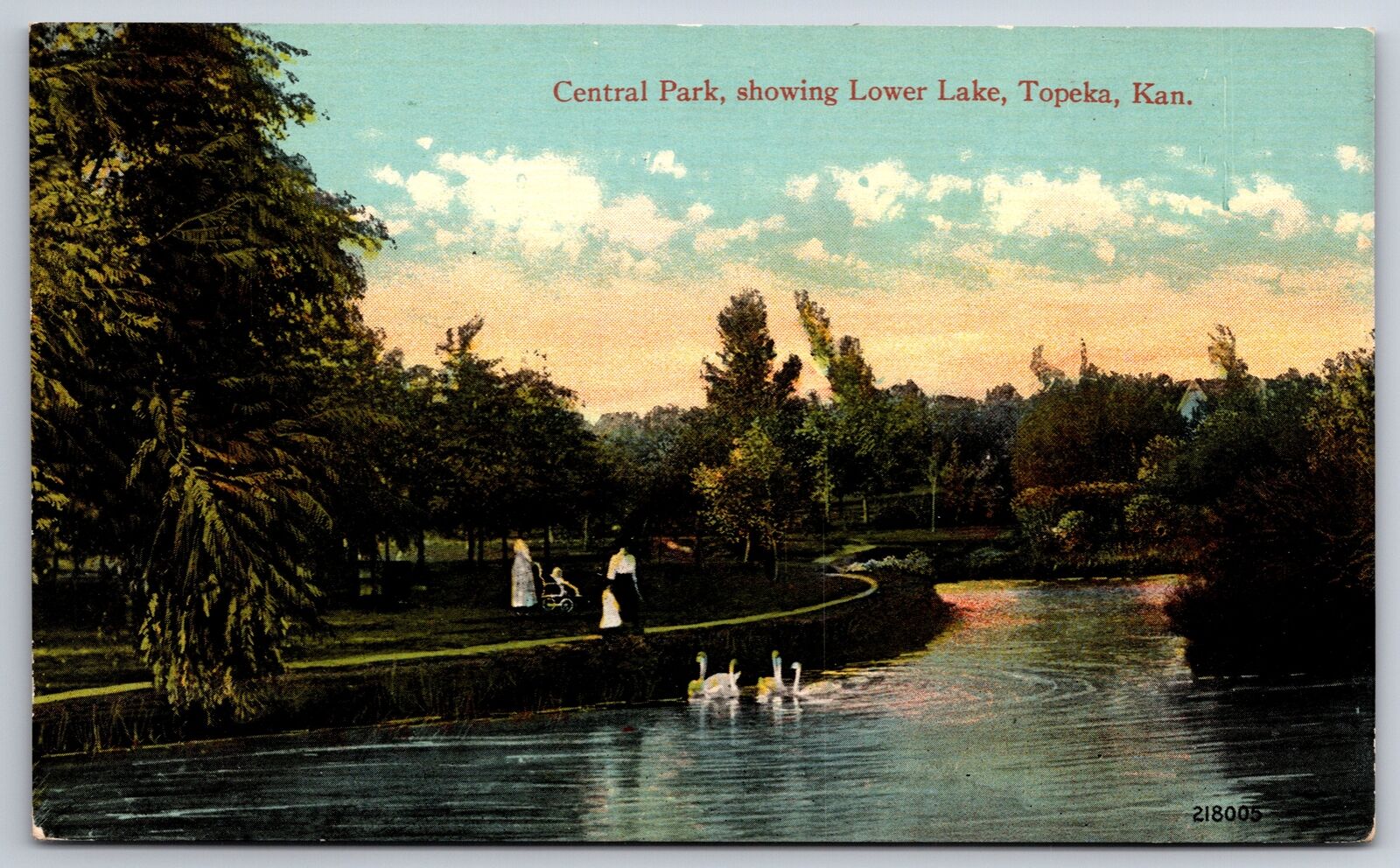 Topeka Kansas~Central Park~Lower Lake~Swans in Lake~c1910 Postcard