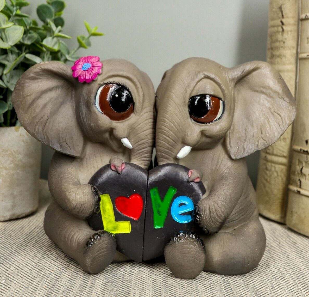 Ebros Love is in The Air Lucky Elephant Couple Figurines 2 Parts Set 7.25\