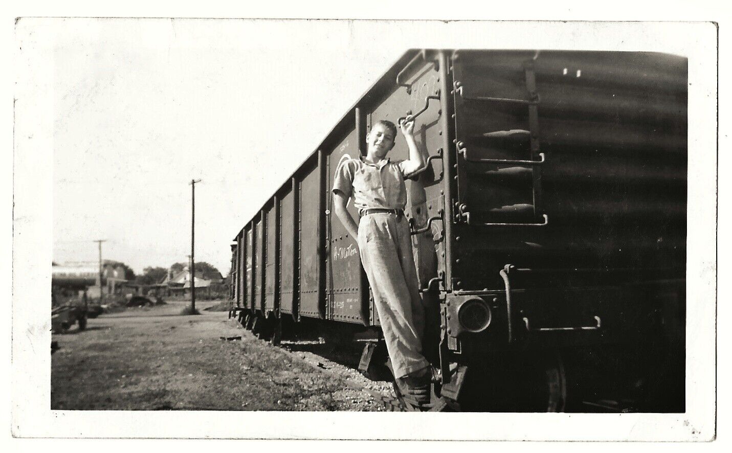 Vintage Old 1940s Photo of Teenage Boy Hanging on TRAIN Car in Virginia 