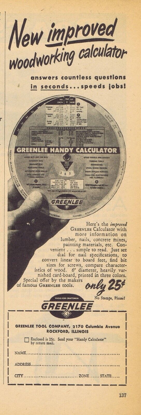 1951 Advertisement - GREENLEE WOODWORKING CALCULATOR,ROCKFORD, IL