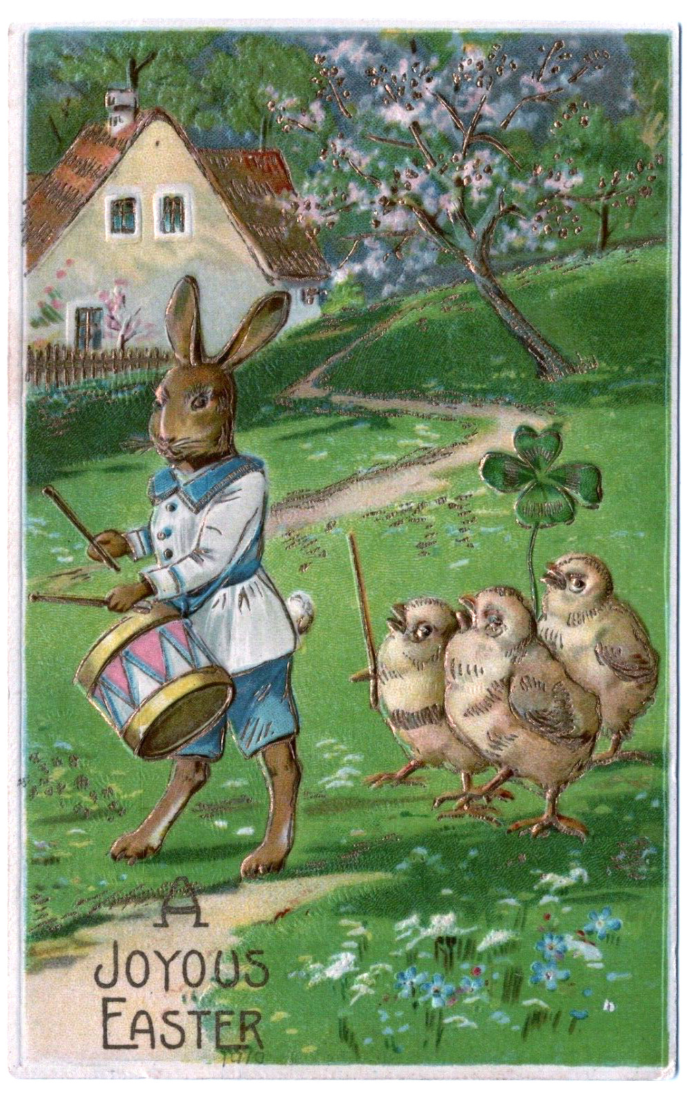 Easter Vintage Postcard Dressed Humanized Rabbit Drum Chick Parade Fantasy Gold