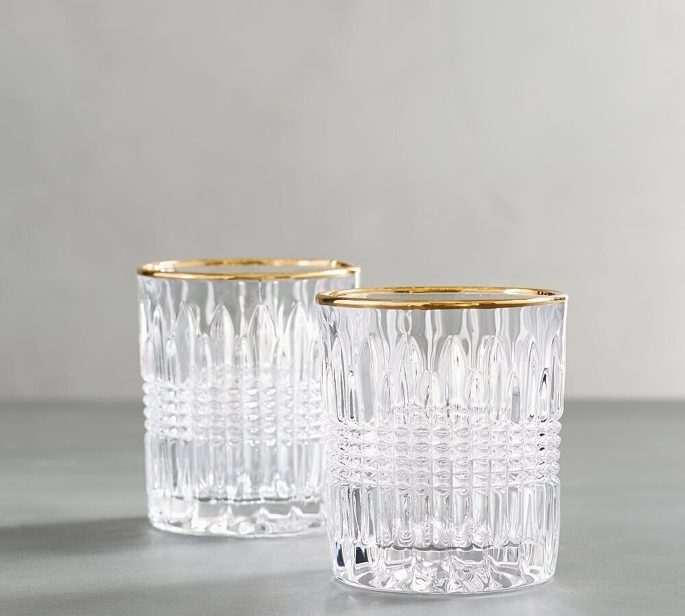 Pottery Barn Set of Two(2) Serena Gold Rim Double Old Fashioned Glasses 63-HU277