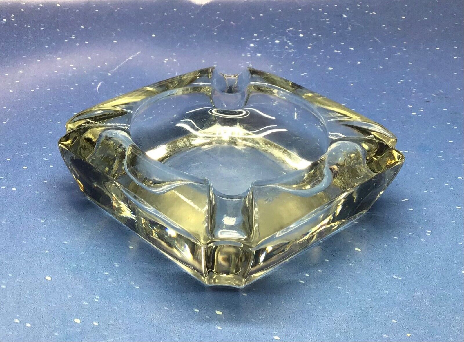 Vintage Heavy Thick Crystal Clear Glass Square Ashtray 3 1/2 inches